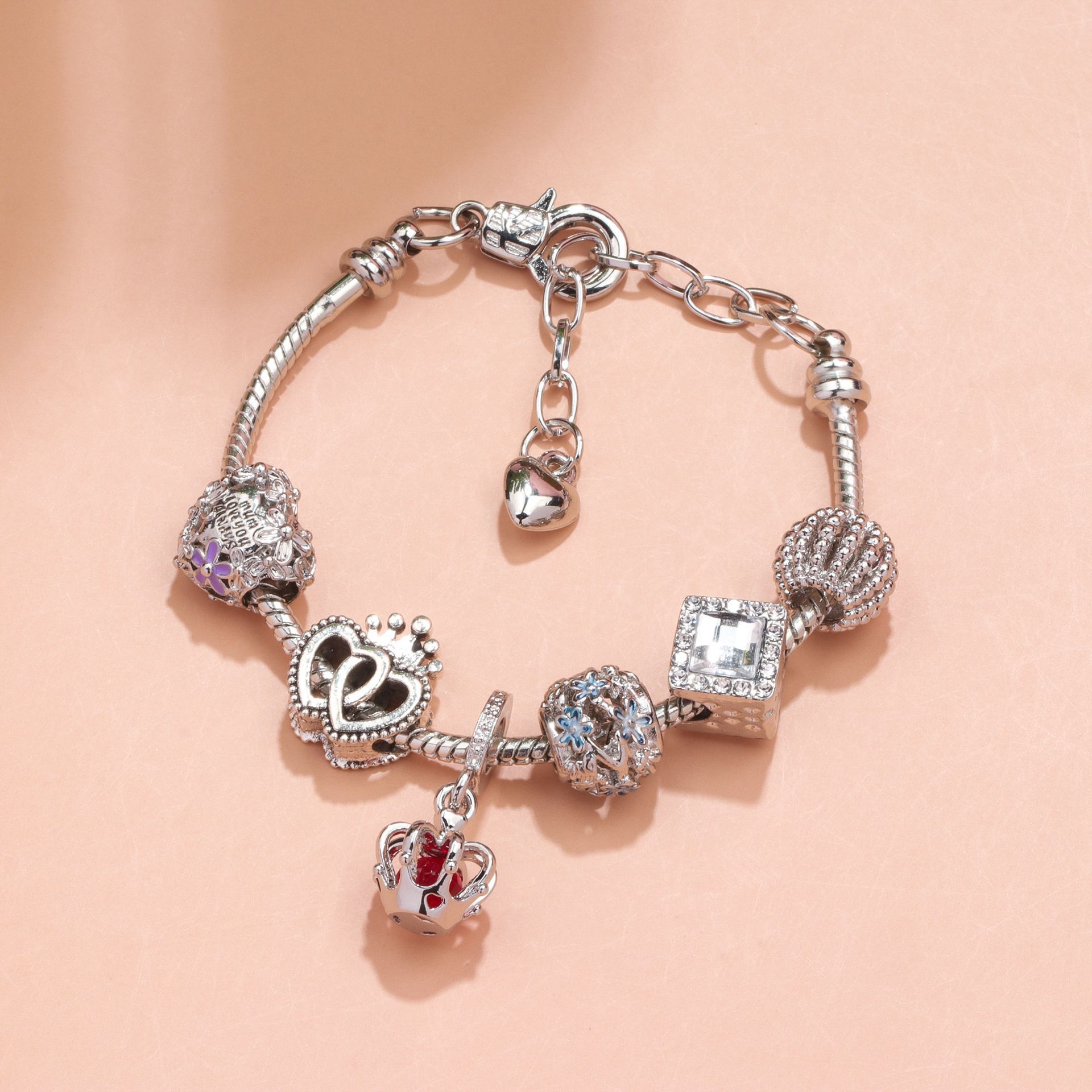 Hollow-out Rhinestone Heart Flower Charm Bracelet(Silver,17cm)