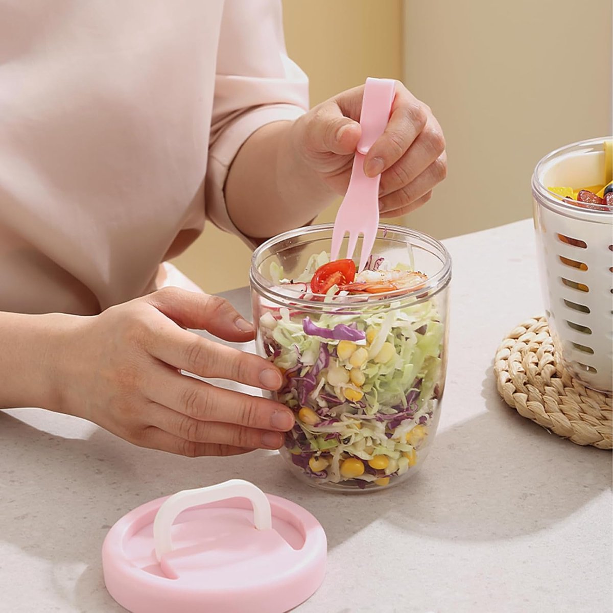 Fruit Bowl - Salad Bowl - Leakproof reusable food container with lid and draining basket - Suitable for work, school, and travel. - 650 ml (Yellow) — image 4