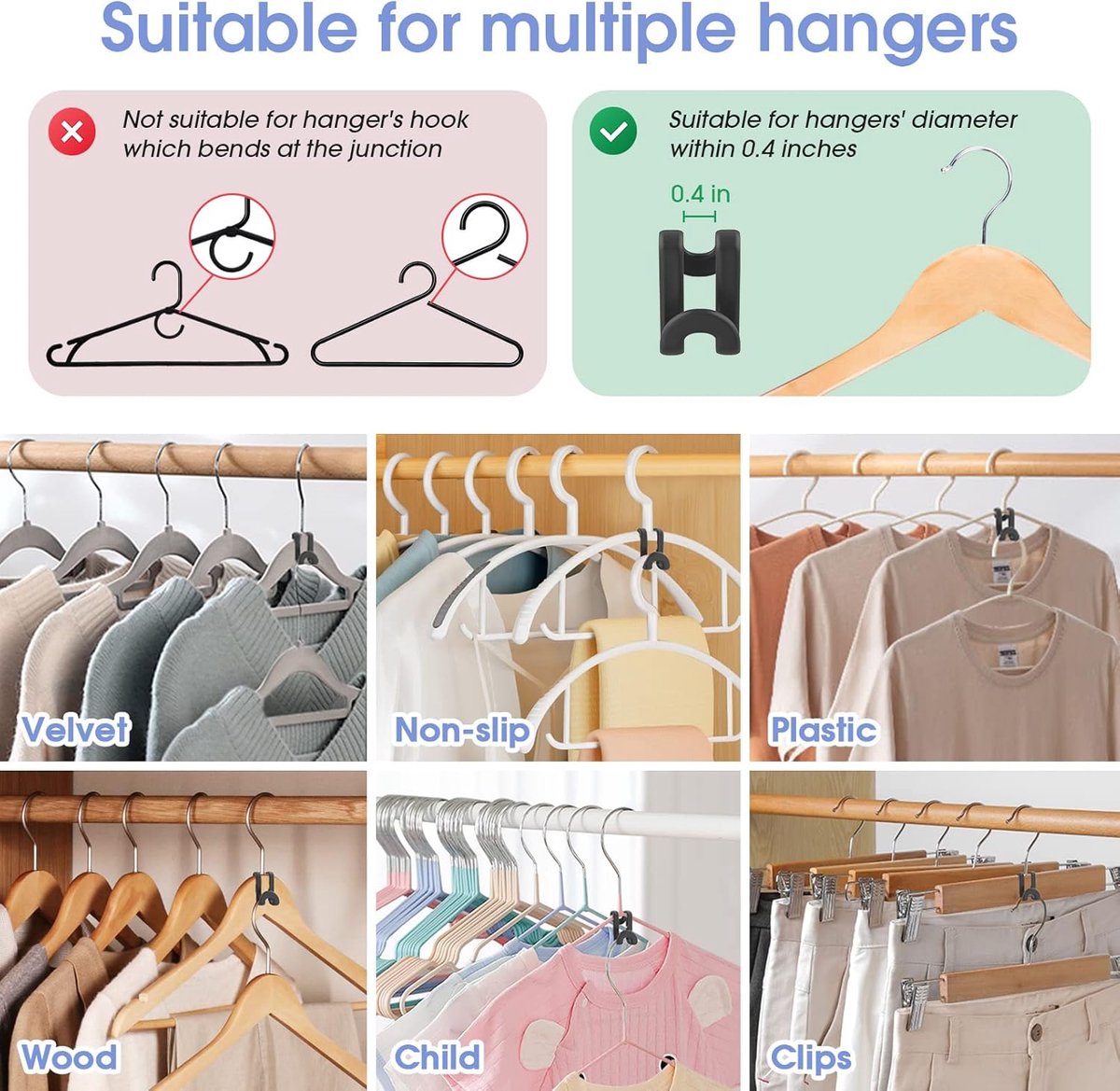 Hanger Hooks | Hooks - S-Hook Hangers - Black - Pack of 100 - Coat Hooks - Space-Saving Hanger Connector Hooks - Plastic Hanger Connectors - Ideal for — image 6