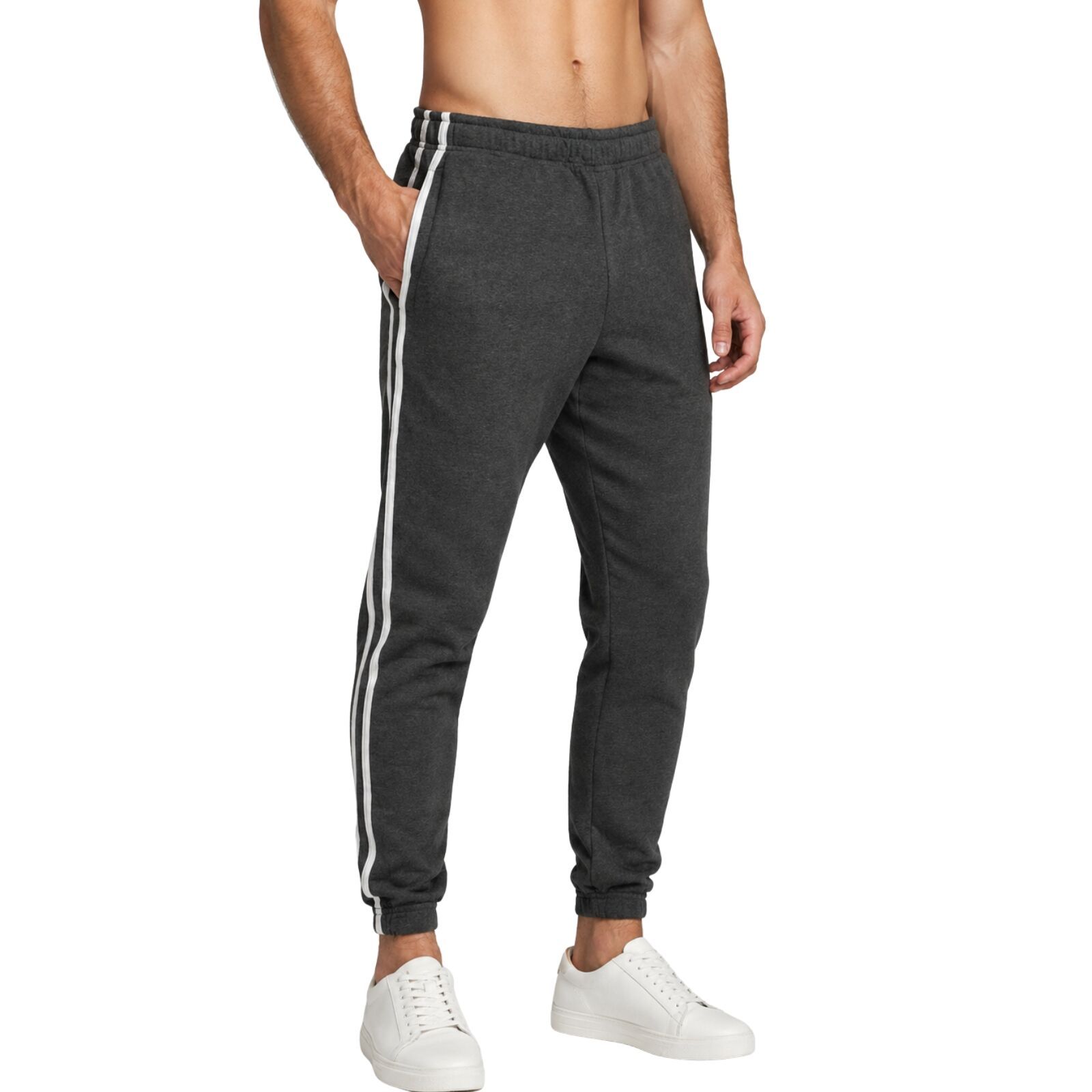 Mens Fleece Track Pants Skinny Joggers Slim Fit Sweatpants Gym - Charcoal Marle