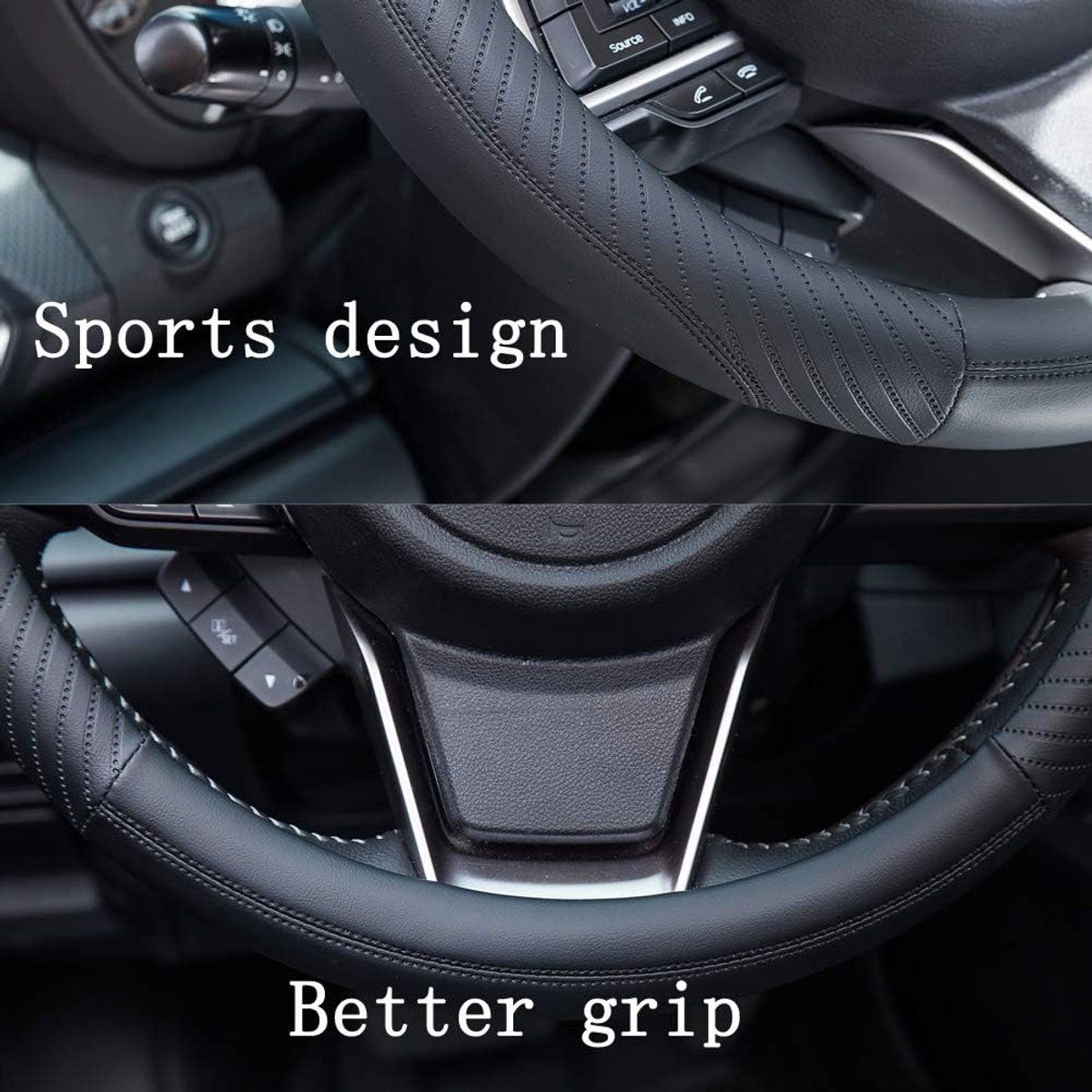 Steering Wheel cover, Leather steering wheel cover for the car steering wheel 37 to 38 cm, anti, slip, universal, black โ image 2