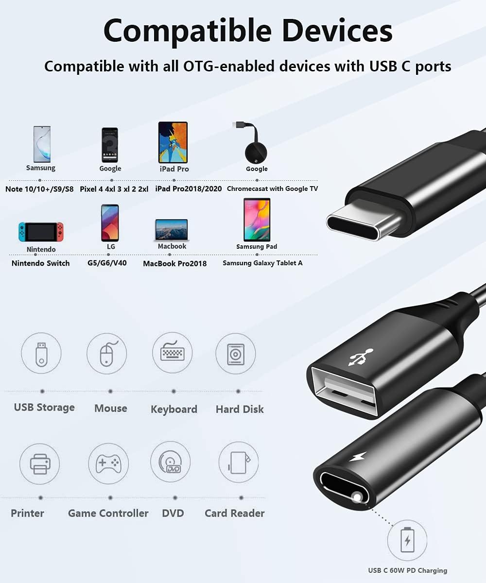 USB C OTG Adapter, 2 in 1 USB C Male to USB Female with 60W PD Charging Port Adapter Compatible with Galaxy S23 S22 Note 20, LG V40 V30, Google Pixel 6 — image 2