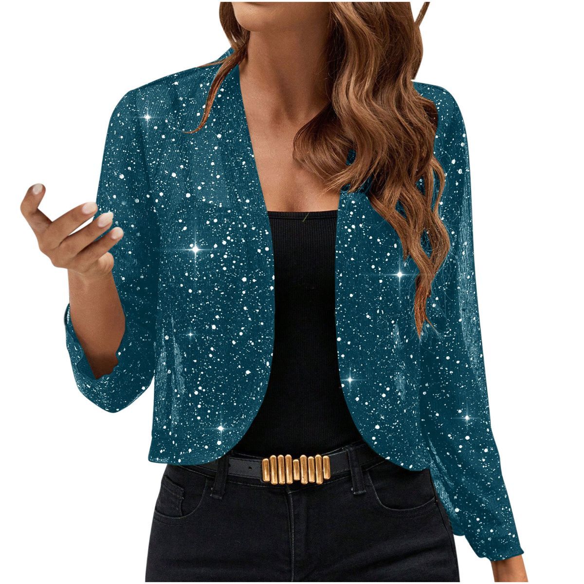 Sparkly Women'S Jacket Sheer Jacket Women'S Outerwear Fashion Jacket Glamorous - Turquoise - Size XL