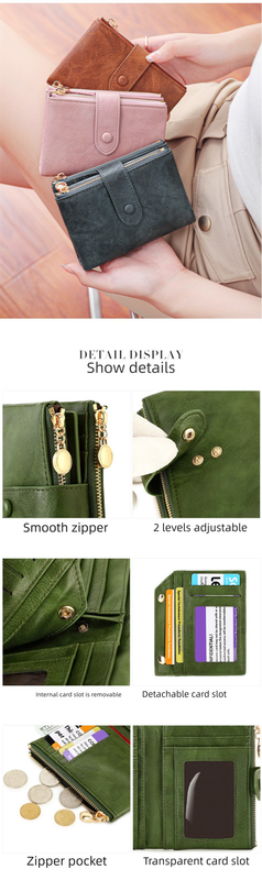 Ladies Compact Wallet Soft Vegan Leather Tri-Fold Purse Double Zipper Coin Pocket with Removable Card Holder High Capacity Multi Slots Grey โ image 3