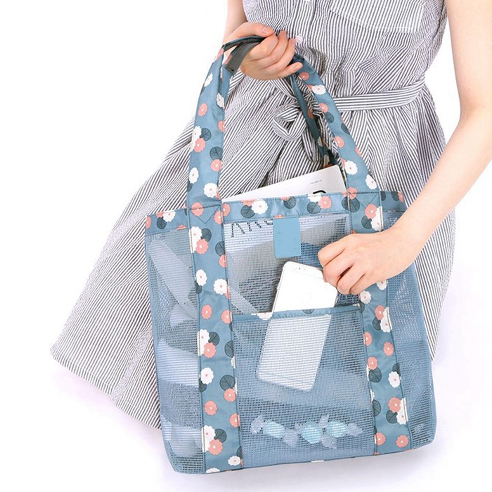 Beach Tote Waterproof Large Capacity Casual Oxford Cloth Women Mesh Handbag for Shopping Swimming Blue Flower — image 6