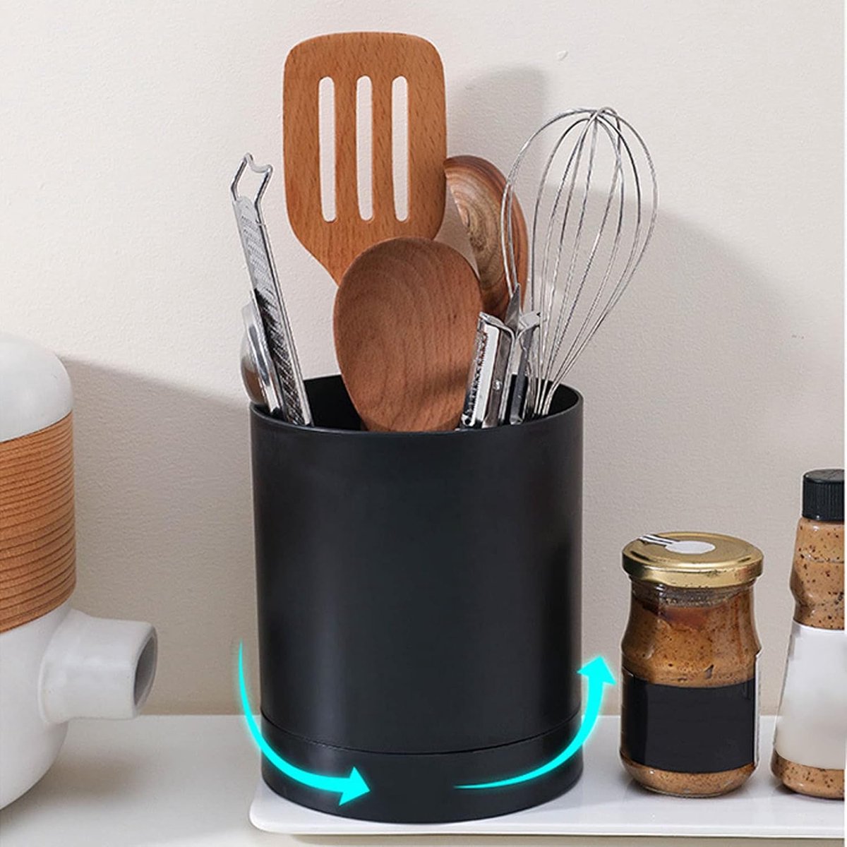 Kitchen utensil holder, large countertop kitchen utensil holder, 360-degree rotating simple chopsticks basket, kitchen cutlery holder with compartment design — image 2