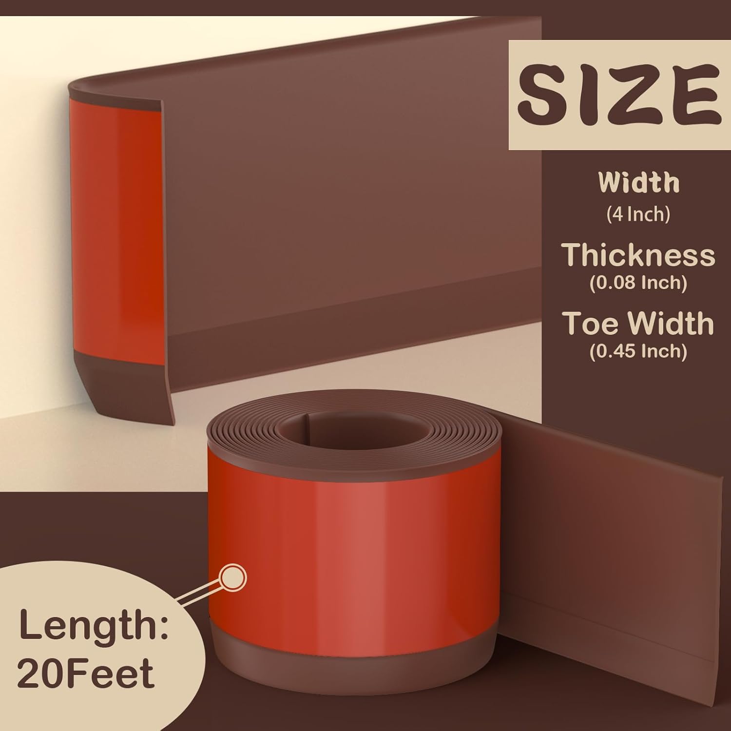 Flexible Wall Base Baseboard Molding Trim, 4 Inch(W) x 20 Feet(L) Self-Adhesive Vinyl, Peel and Stick Cove Base, Rubber Wall Base Moulding Trim(Brown) — image 2