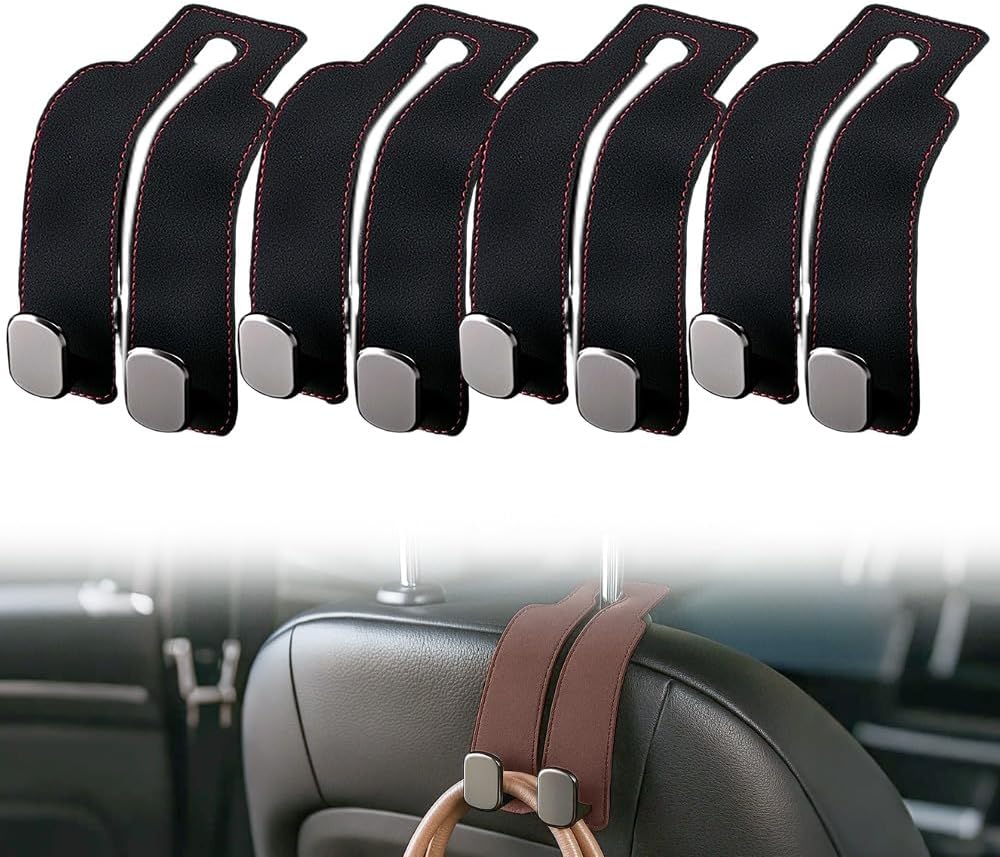 Headrest Hook for Car Seat Headrest, 2026 Wallet & Bag Hook Cute Car Wallet Holder, Double Hook Leather Car Headrest Hook Seat Back Storage Bag for Travel