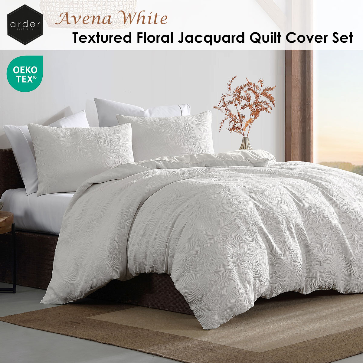 Ardor Avena White Textured Floral Jacquard Quilt Cover Set Queen โ image 2