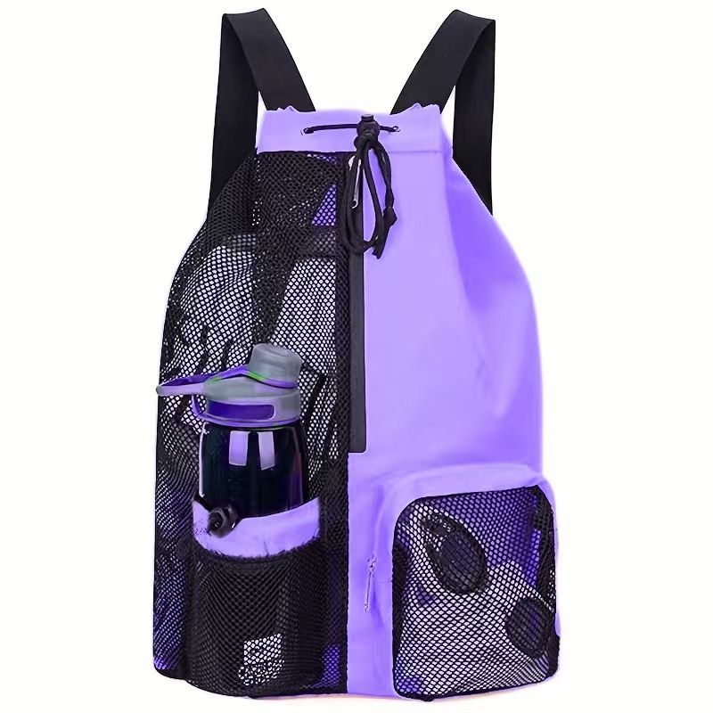 Mesh Drawstring Swim Bag - Large Capacity 20-35L Beach Backpack with Wet Pocket - Breathable Sports Sack for Gym Swimming Travel - Purple
