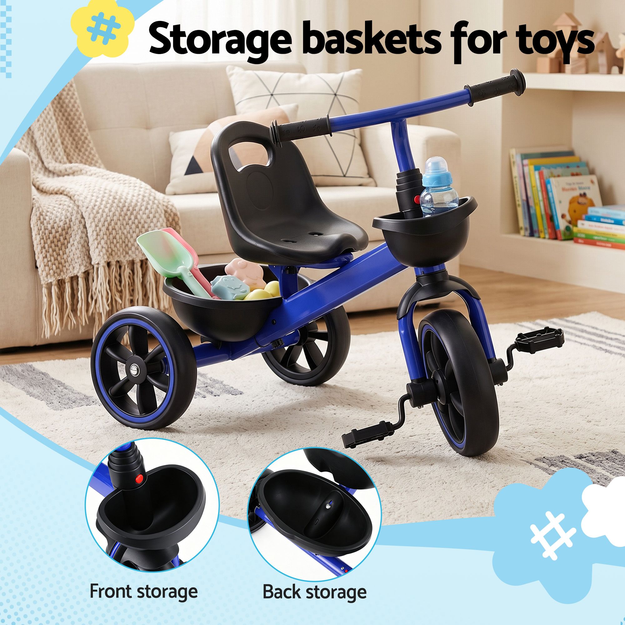 RIGO Tricycle Bike, Kids Bike with 3 wheels, basket Carbon Steel 68cm Blue โ image 5