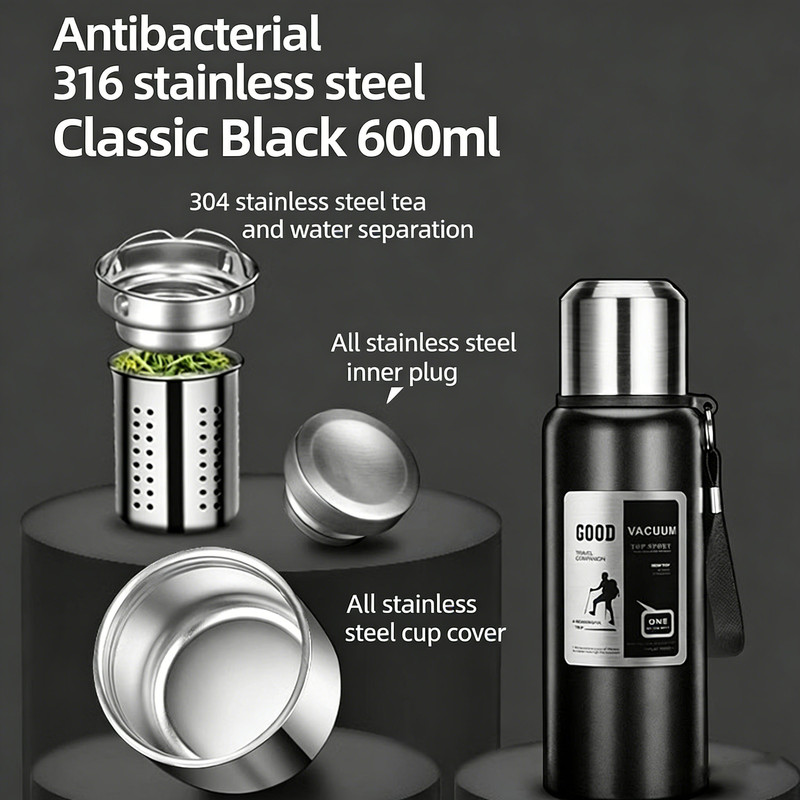 Antibacterial 316 Stainless Steel Vacuum Flask 600ml | Tea Infuser & Insulated Bottle for Hot/Cold Drinks (Black)