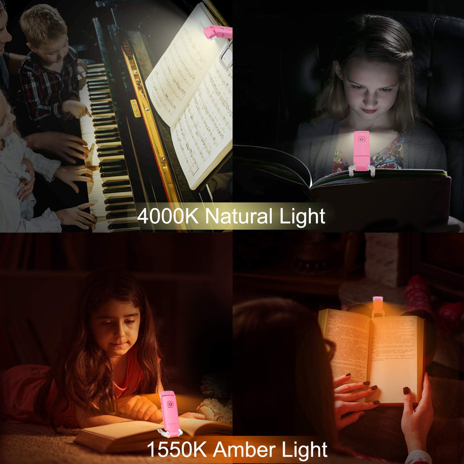 Rechargeable LED Book Light with Dimmable Warm White & Amber Modes – USB-Powered Clip-On Reading Lamp for Books, Sheet Music & Travel (Pink) — image 4