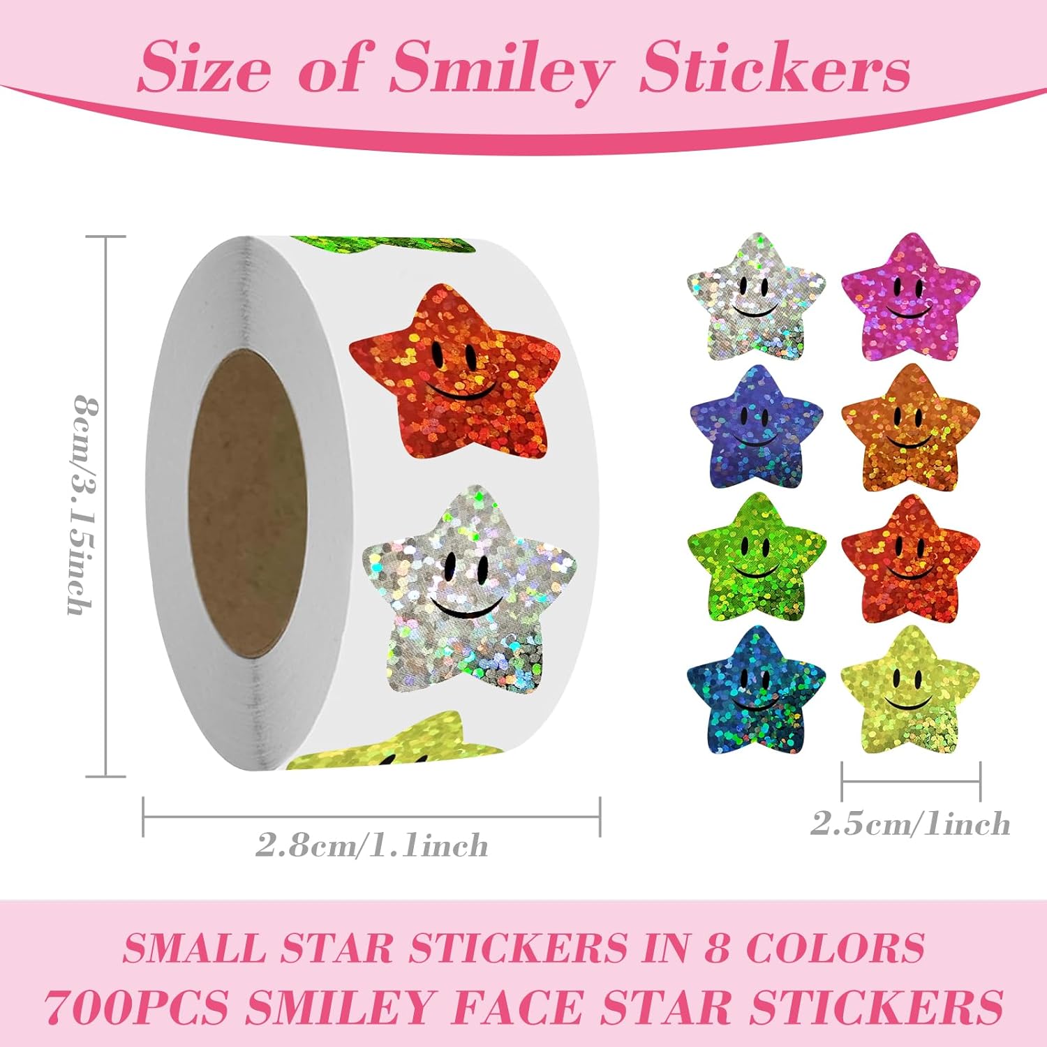 700Pcs Smiley Face Star Stickers for Kids Reward,1inch 8 Colored Sparkly Foil Star Stickers for Student Planner and School Classroom Teacher Supplies 3.15inch — image 2