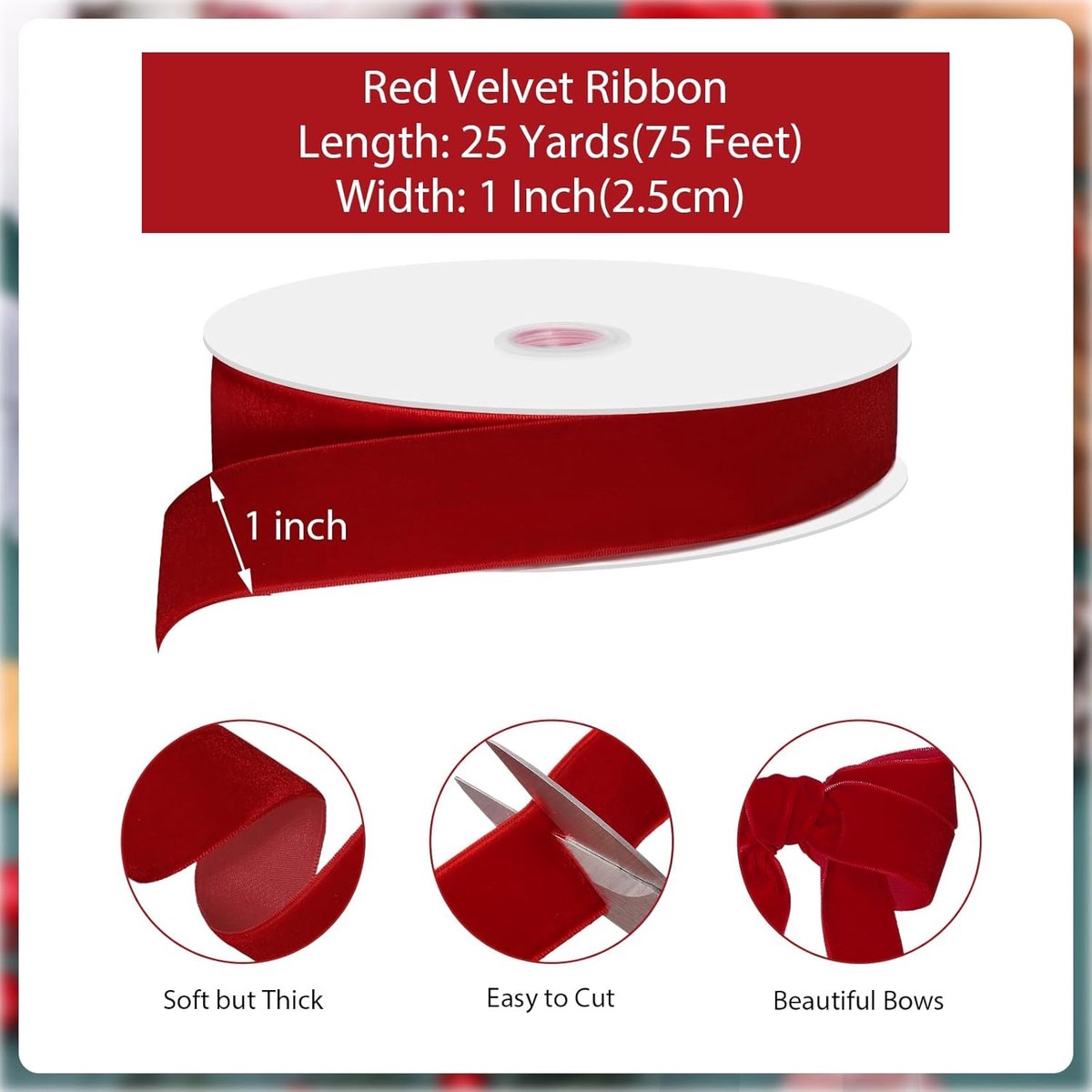 Red Velvet Ribbon – 2.5cm×22.5m, for gifts/Christmas decorations — image 2