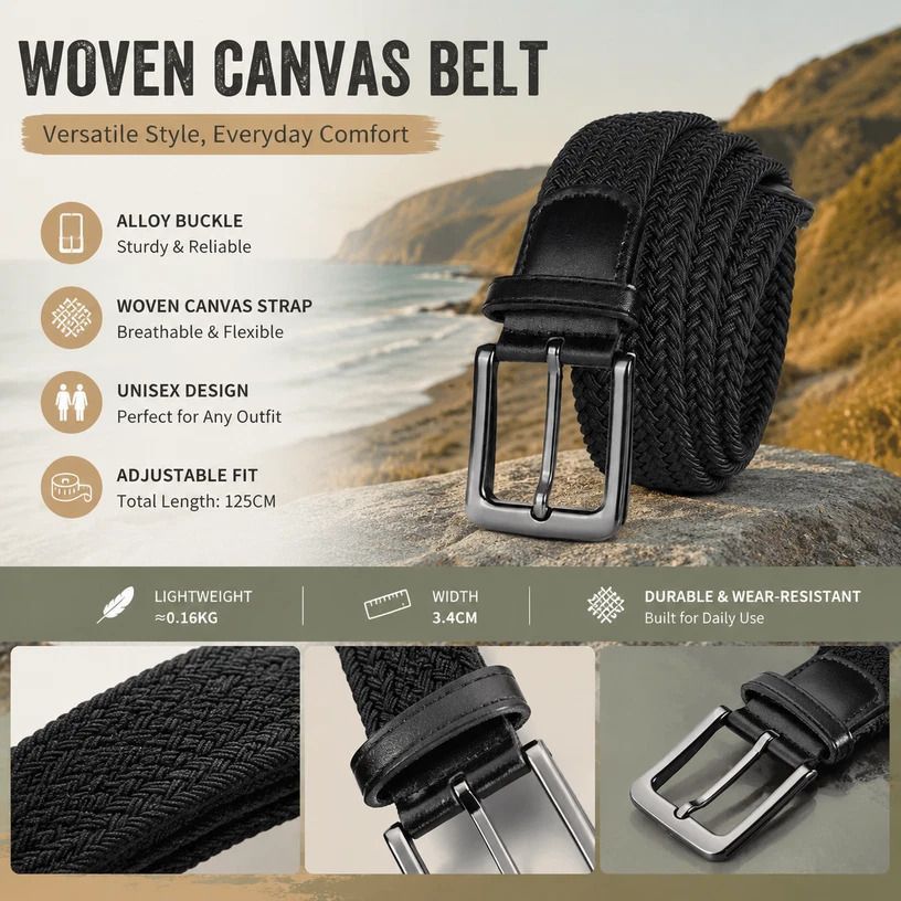Blue Coffee Khaki Tri-color Canvas Belt 125cm Stretch Woven Golf Waist Strap — image 2