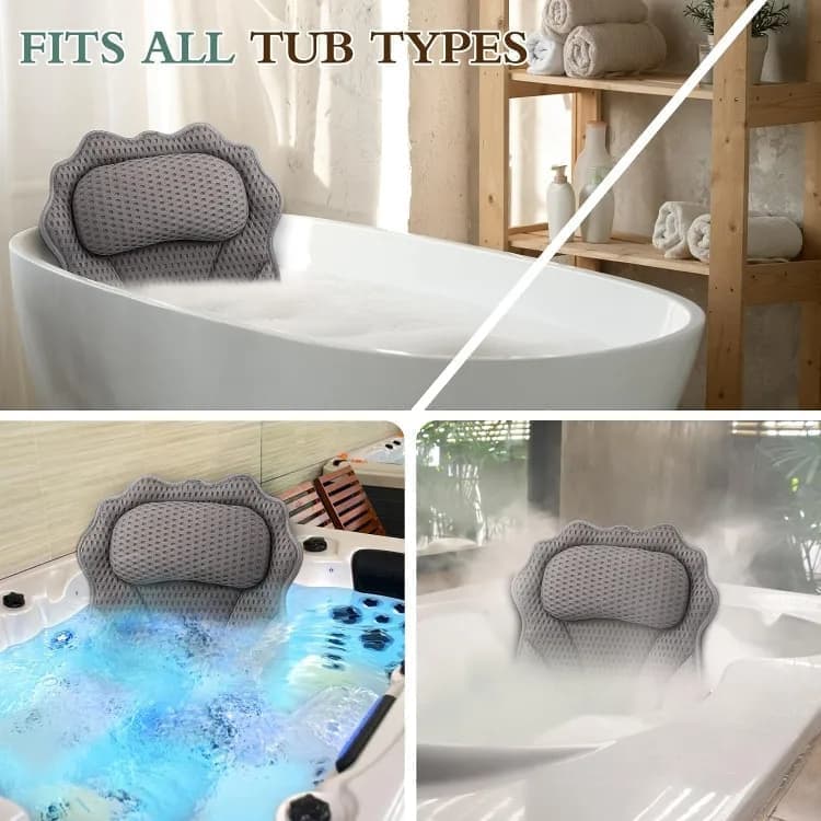 6-Pack Ergonomic Bathtub Pillow with 6 Strong Suction Cups, Support for Head Neck Shoulders & Back, 4D Design, Gray — image 6