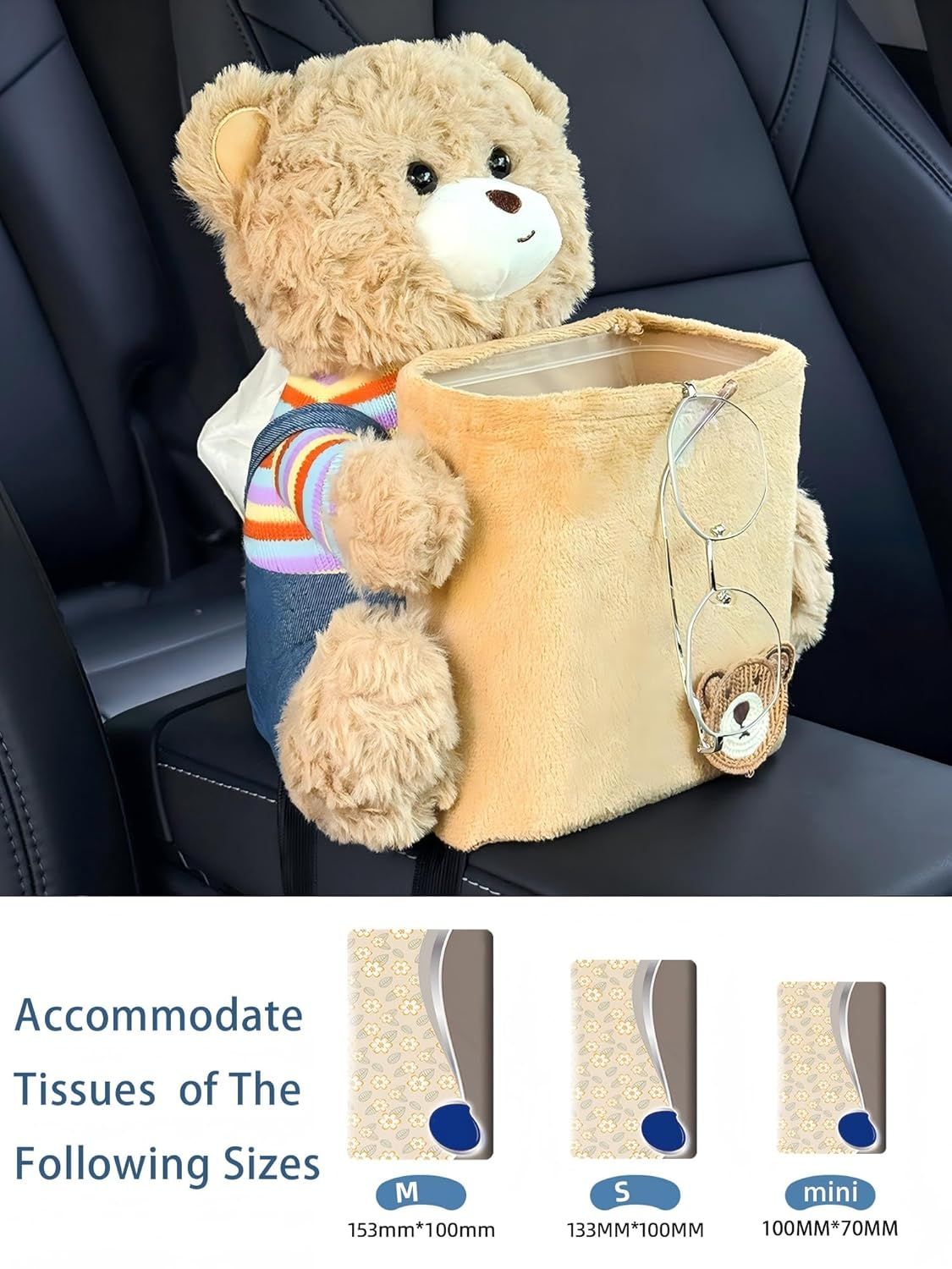 Cute Car Trash Can with Tissue Holder Teddy Bear Tissue Box Console Stuffed Animal Organizer Plush Doll Multifunctional Creative Accessories for Women Rainbow — image 2