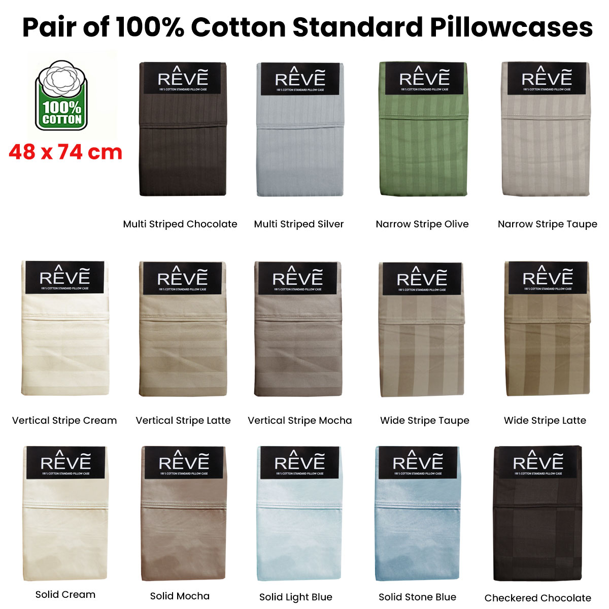 Pair of Reve 100% Cotton Standard Pillowcases 48 × 74 cm Wide Stripe Latte — image 2