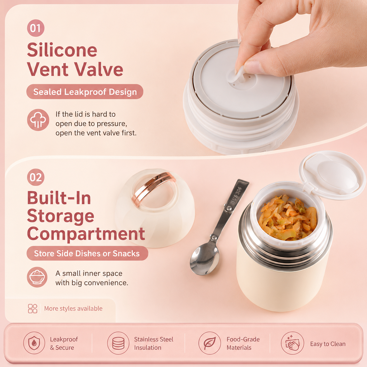White 850ml Thermal Food Jar with Spoon Portable Insulated Lunch Container Vacuum Soup Cup Leakproof Food Flask for Office Travel Camping Stew Rice โ image 5