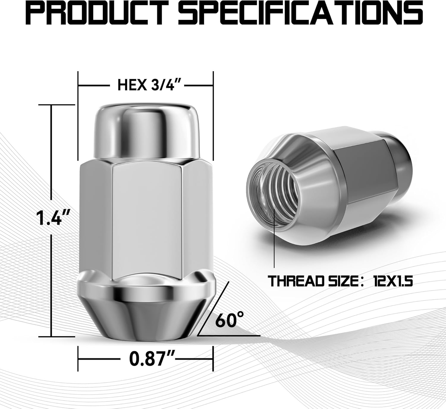 12x1.5 Wheel Lug Nuts, 20PCS Chrome 12mmx1.5 Closed End Bulge Acorn Lug Nut, Cone Seat, 19mm Hex Aftermarket Wheels — image 5