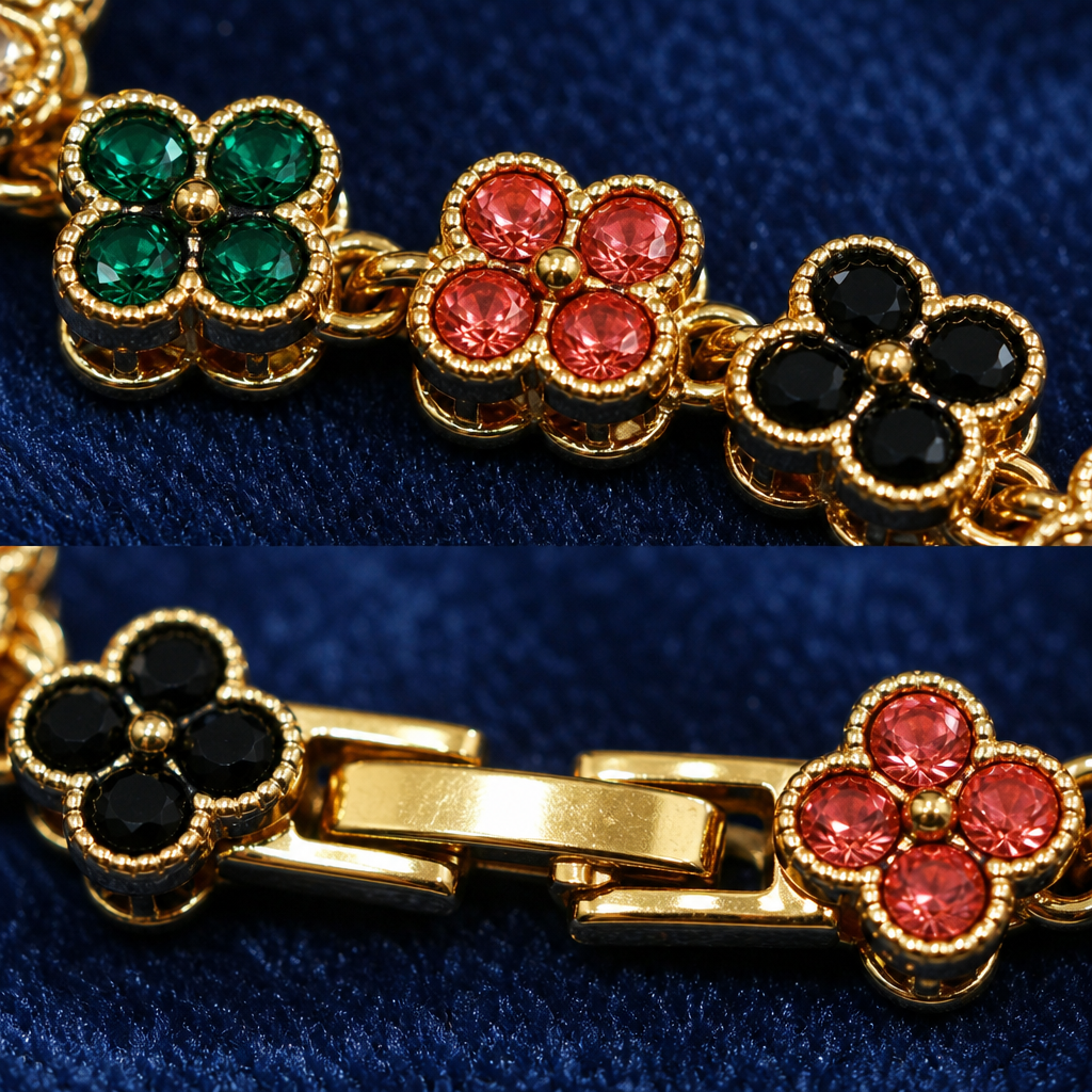 Gold and Color Four-Leaf Clover Zircon Bracelet - Gold-Tone Alloy Lucky Charm Wristband with Full Crystal Pave, 22cm Elegant Fashion Jewellery for Women — image 4
