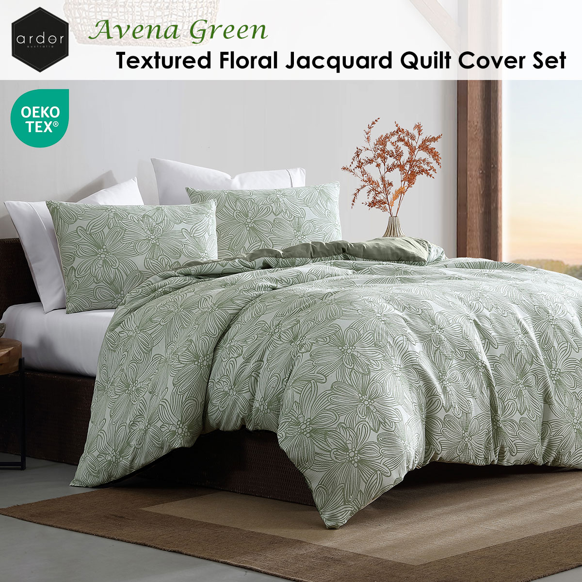Ardor Avena Green Textured Floral Jacquard Quilt Cover Set Queen β image 2