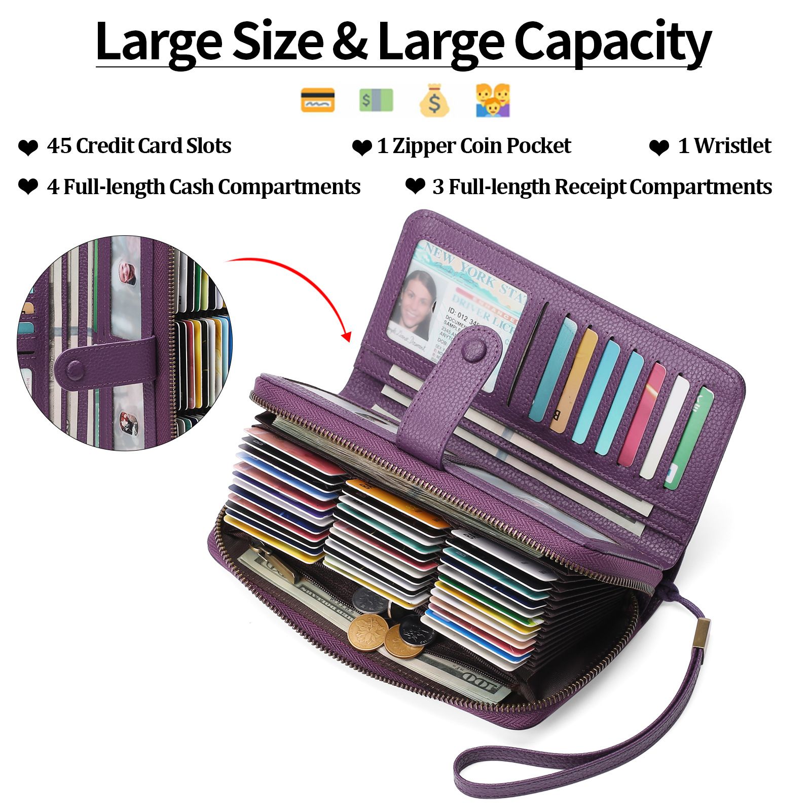 Leather Credit Card Holder Wallet for Women RFID Blocking Large Capacity Bifold Zipper Card Case Organizer with Wristlet 45 Slots（deep purple） — image 3