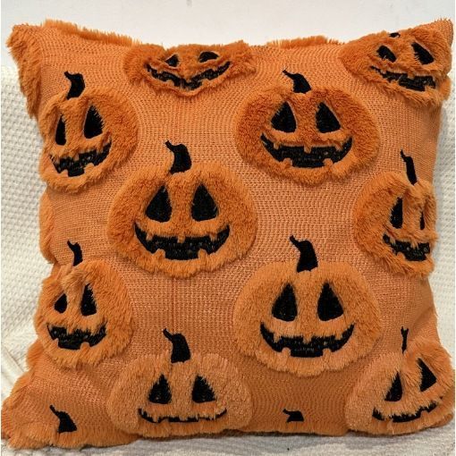 2PCS Festive Short Plush Cushion Cover, Expression Pumpkin Motif Pillow Shell, Halloween Household Sofa Ornament, 45 × 45cm, Pillow Insert Not Included