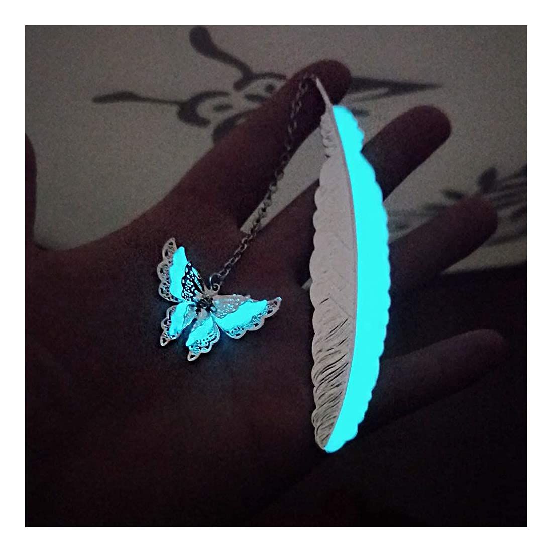 Feather Metal Bookmark with 3D Butterfly Pendant, Unique Glow in The Dark Butterfly Bookmark, (Silver Butterfly) — image 3