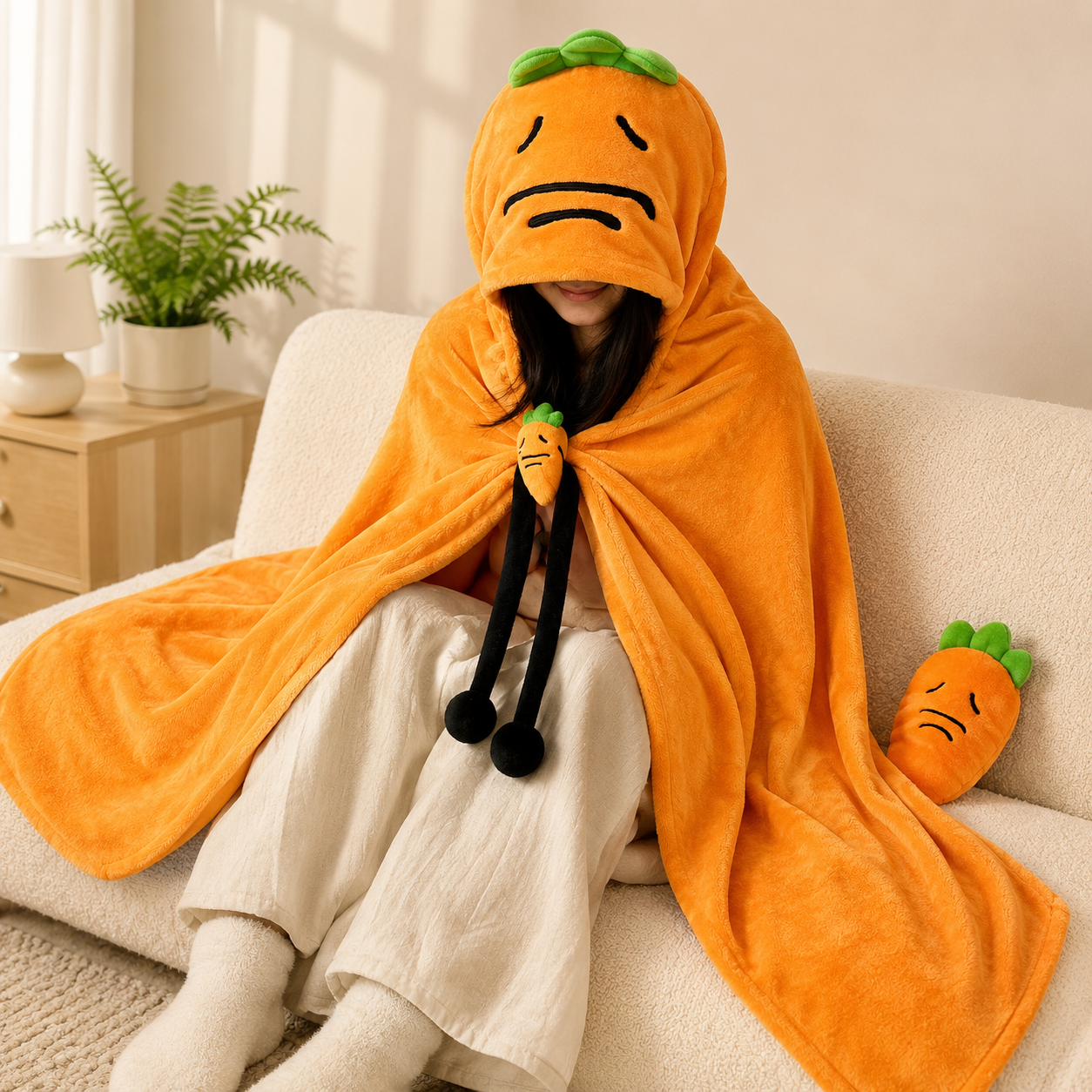 Carrot Hooded Blanket with Blue Memory Foam Lumbar Support Pillow, Cozy Wearable Throw Blanket and Ergonomic Back Cushion Set for Office, Home, Study and โ image 4