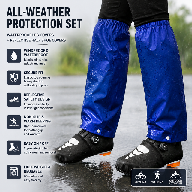 Royal Blue Waterproof Windproof Cycling Shoe Covers & Long Half Rain Pants Set – 2 Pairs Nonslip Reflective Half Toe Shoe Covers and 1 Pair Quick Pull-On