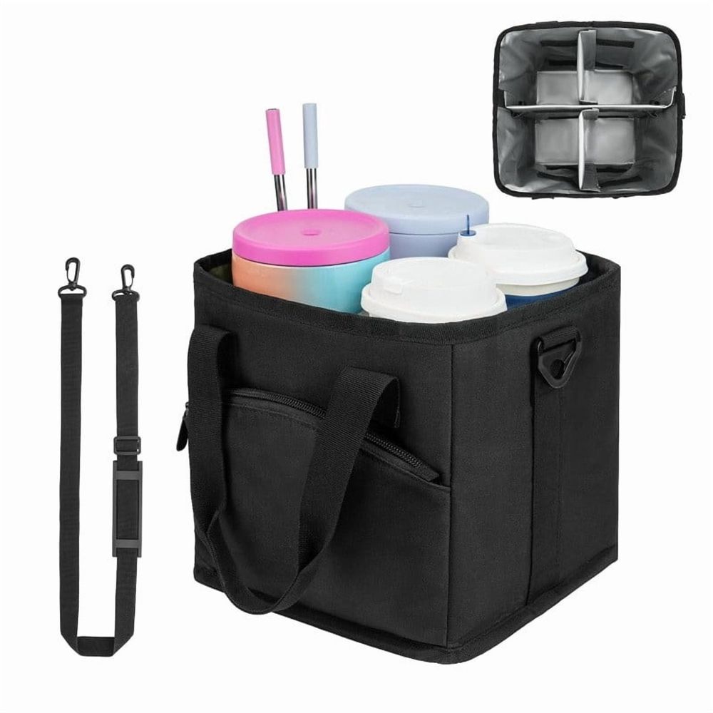 Insulated 4 Cup Drink Carrier with Handle -Reovable Dividers, Portable Collapsible Cup Holder with Shoulder Strap, Reusable Leakproof Caddy Tote Bag for Delivery Drivers, Car, Travel, Picnic