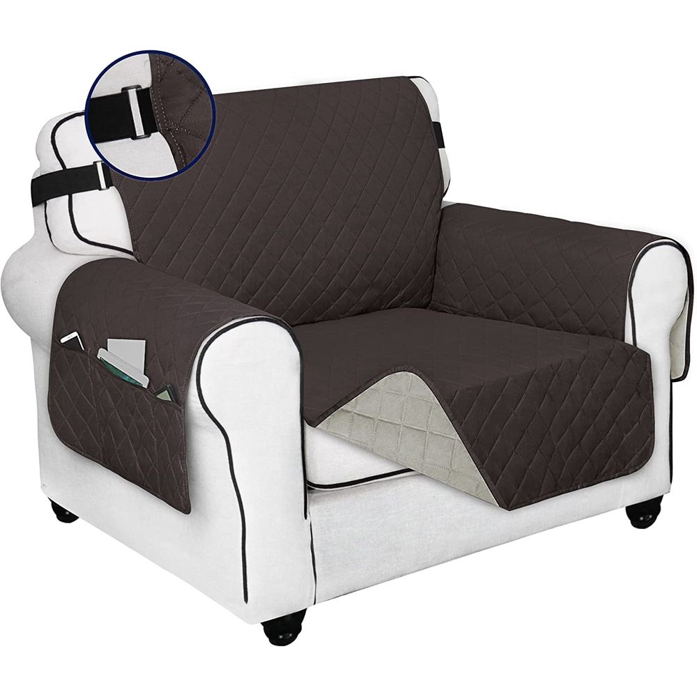 Reversible Sofa Cover Water Resistant Chair Couch Cover, Machine Washable Furniture Cover with Non-Slip Foam and Adjustable Strap for Dogs, Pets (Chair, Chocolate/Beige)