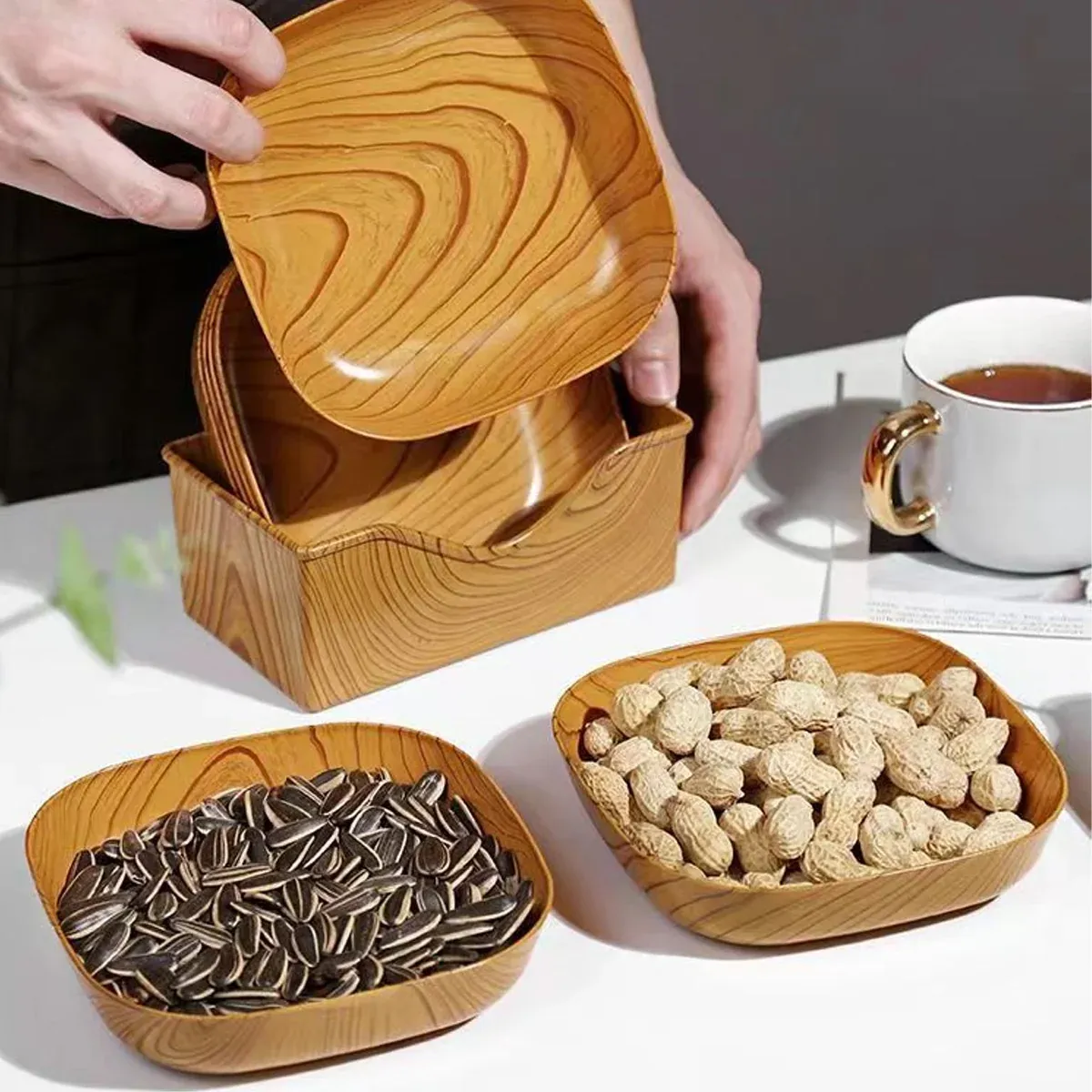 Snack Serving Tray Set Wood Grain Organiser Platter with Base Multi Compartment โ image 5