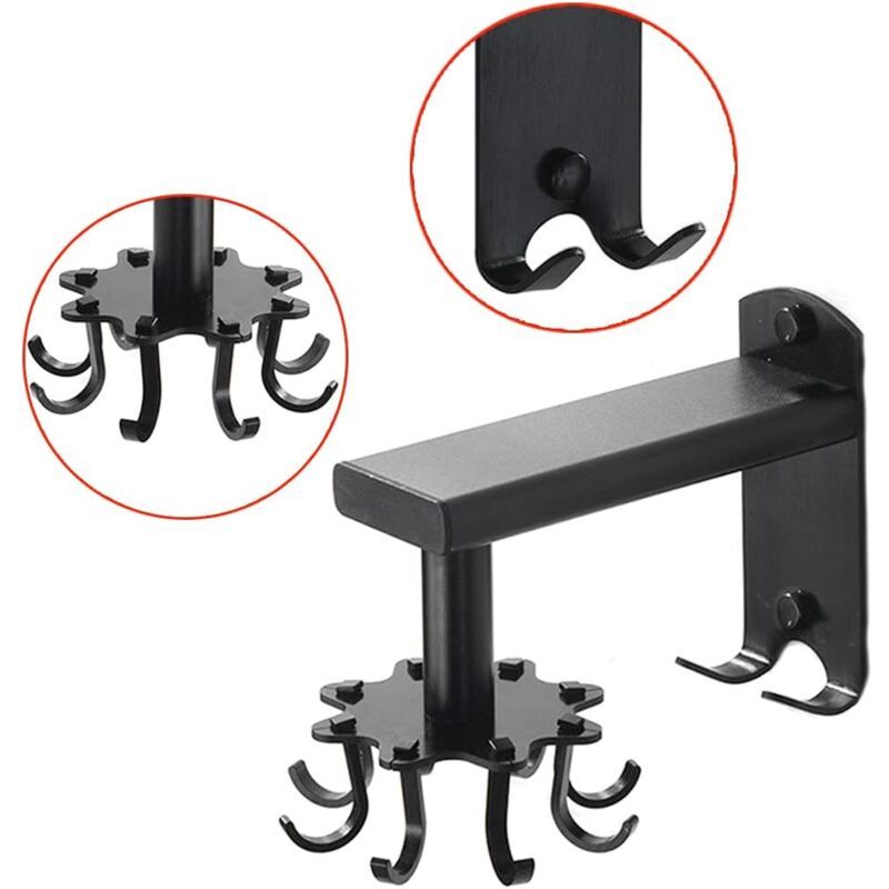 Rotating Wall Hook for Kitchen, 360 Rotatable Kitchen Utensil Holder, Wall Mounted Kitchen Utensil Holder with 8 Hooks for Bathroom and Kitchen, Black — image 2