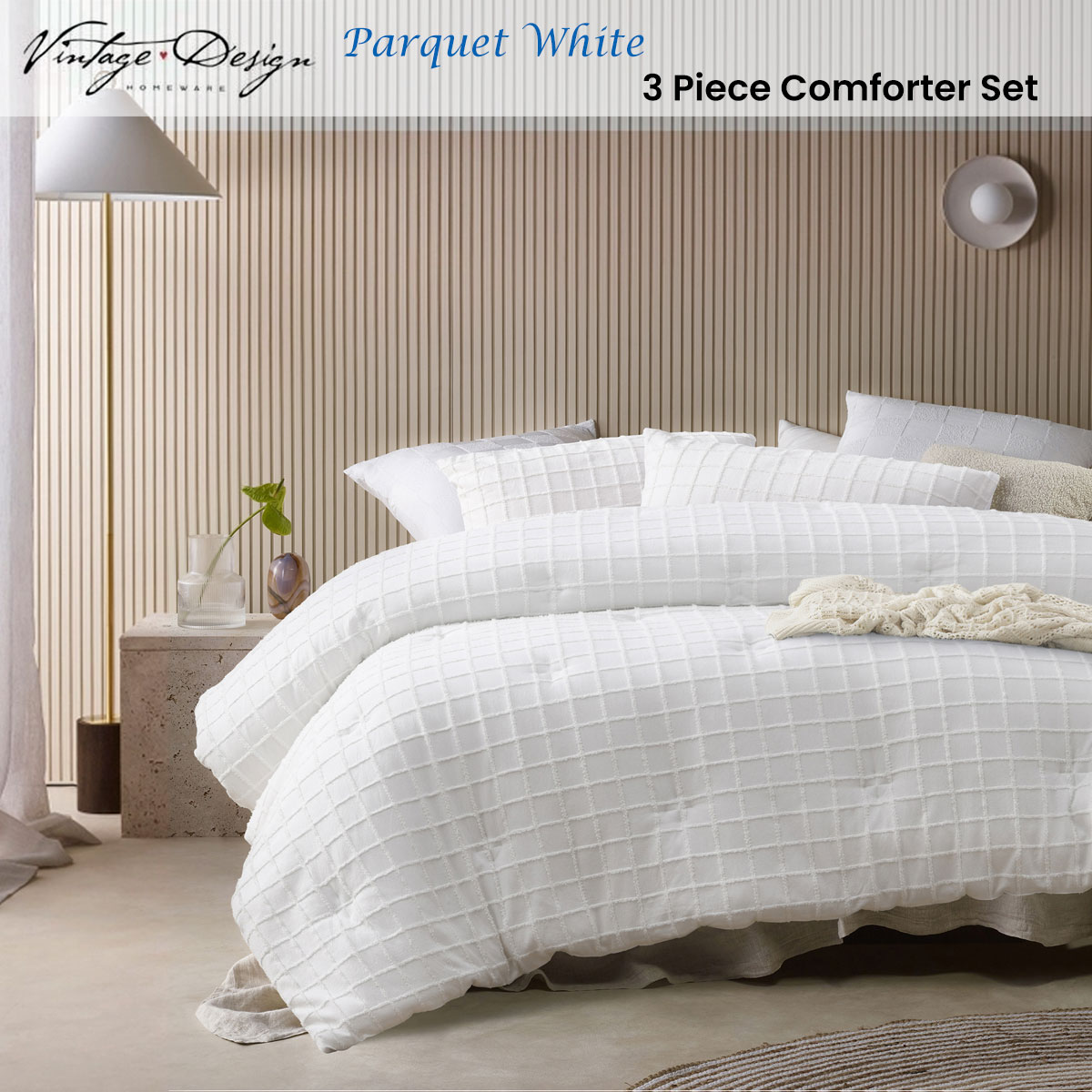 Vintage Design Homewares 3 Pcs Parquet White Comforter Set Queen โ image 2