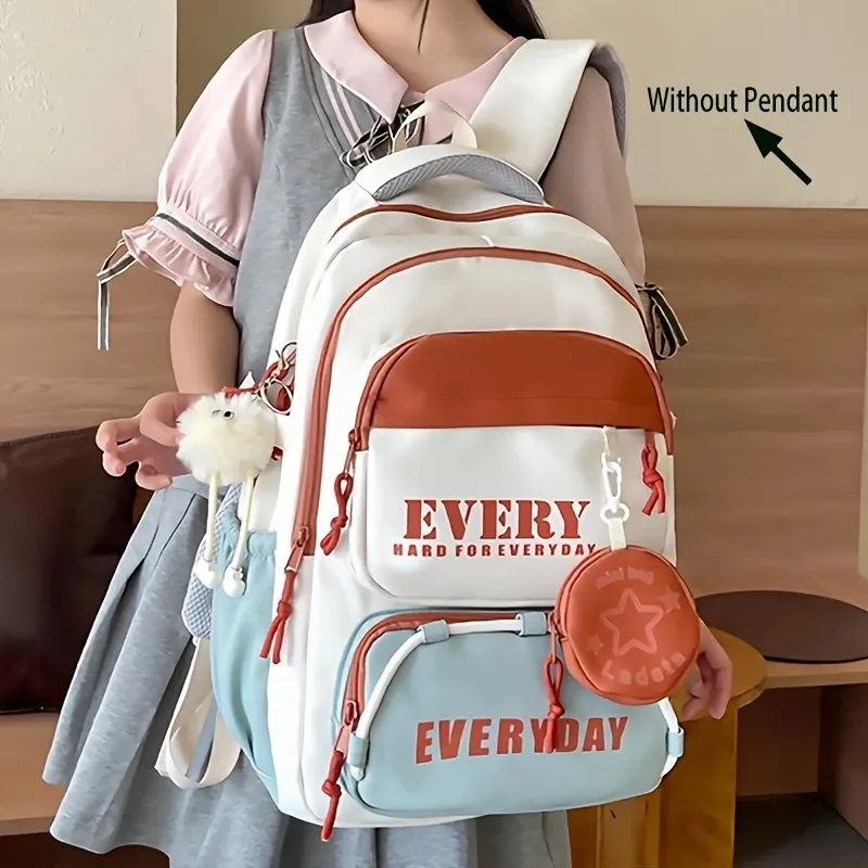 Color-Block Multi-Functional Backpack | Letter Print, Large Capacity & Splash-Resistant, Main Compartment Fits Laptop, Bonus Mini Coin Pouch, Versatile for โ image 2