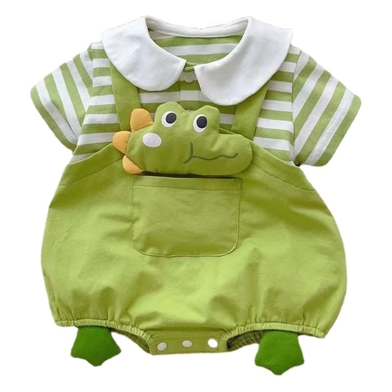 Baby Cotton Short Sleeve Summer Onesie 66cm Green [lapel fish frog bag fart]] — image 2