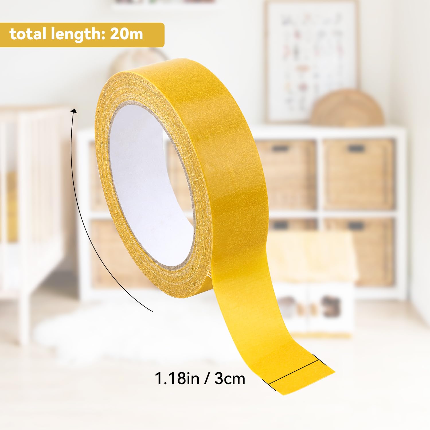 1 Pack Double Sided Fabric Tape Heavy Duty Gauze Tape Fabric Tape High Stickness Mounting Tape for Carpets, Pictures, Posters, Frames (3CM/1.18Inch x 20M/66FT) — image 2