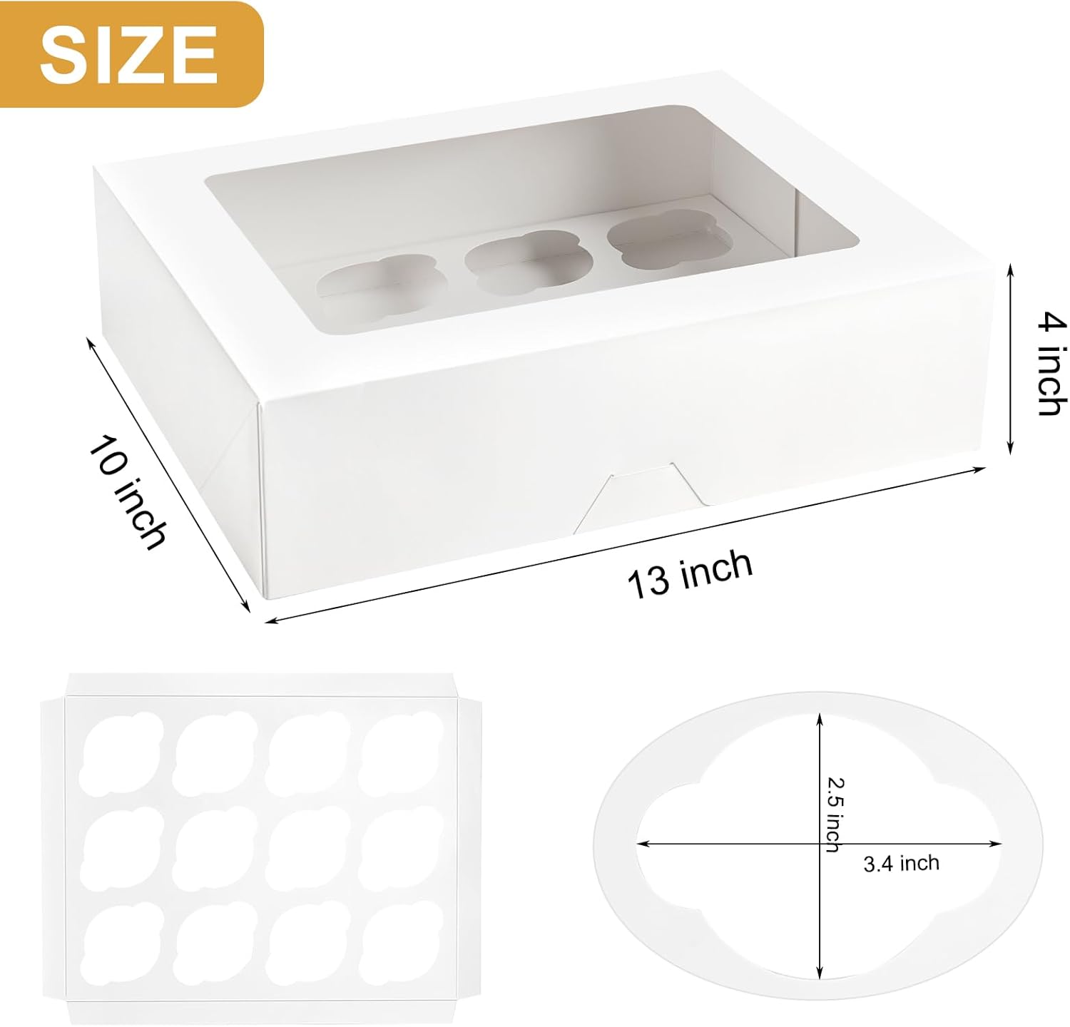 12 Count Cupcake Boxes, 12 Pack White Cupcake Containers with Windows and Inserts, Disposable Cupcake Carriers for Muffins, Treats, Pastries, 13 x 10 x 4 โ image 2