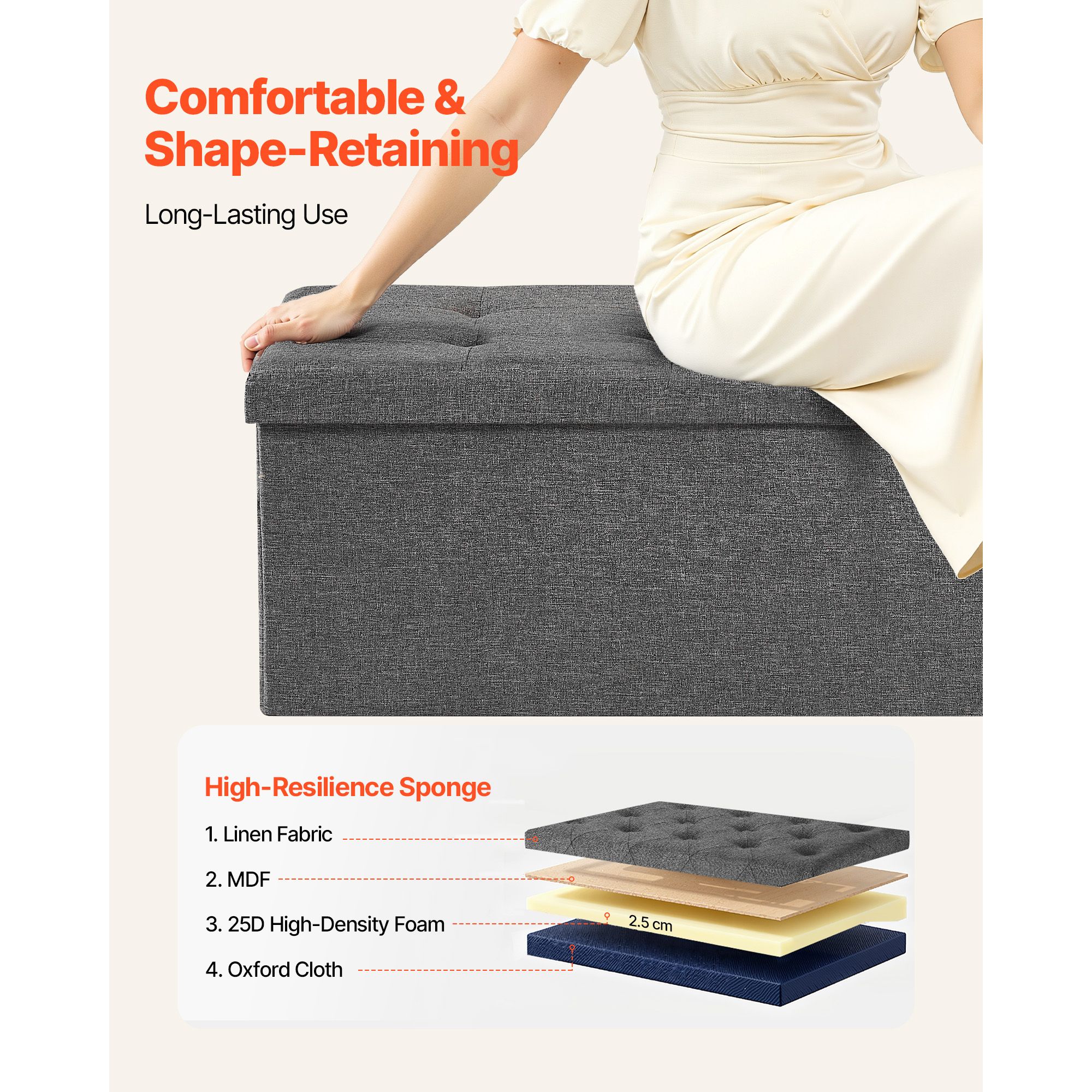 Foldable Storage Ottoman Bench, End of Bed Bench with Side Bags, Folding Upholstered Storage Chest Supports 660 lbs, Linen Bed Ottoman with Large Space for — image 5