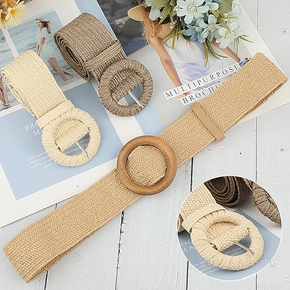 Women's Braided Elastic Belt with Wooden Buckle 103cm Khaki for Vacations Parties Daily Use — image 3