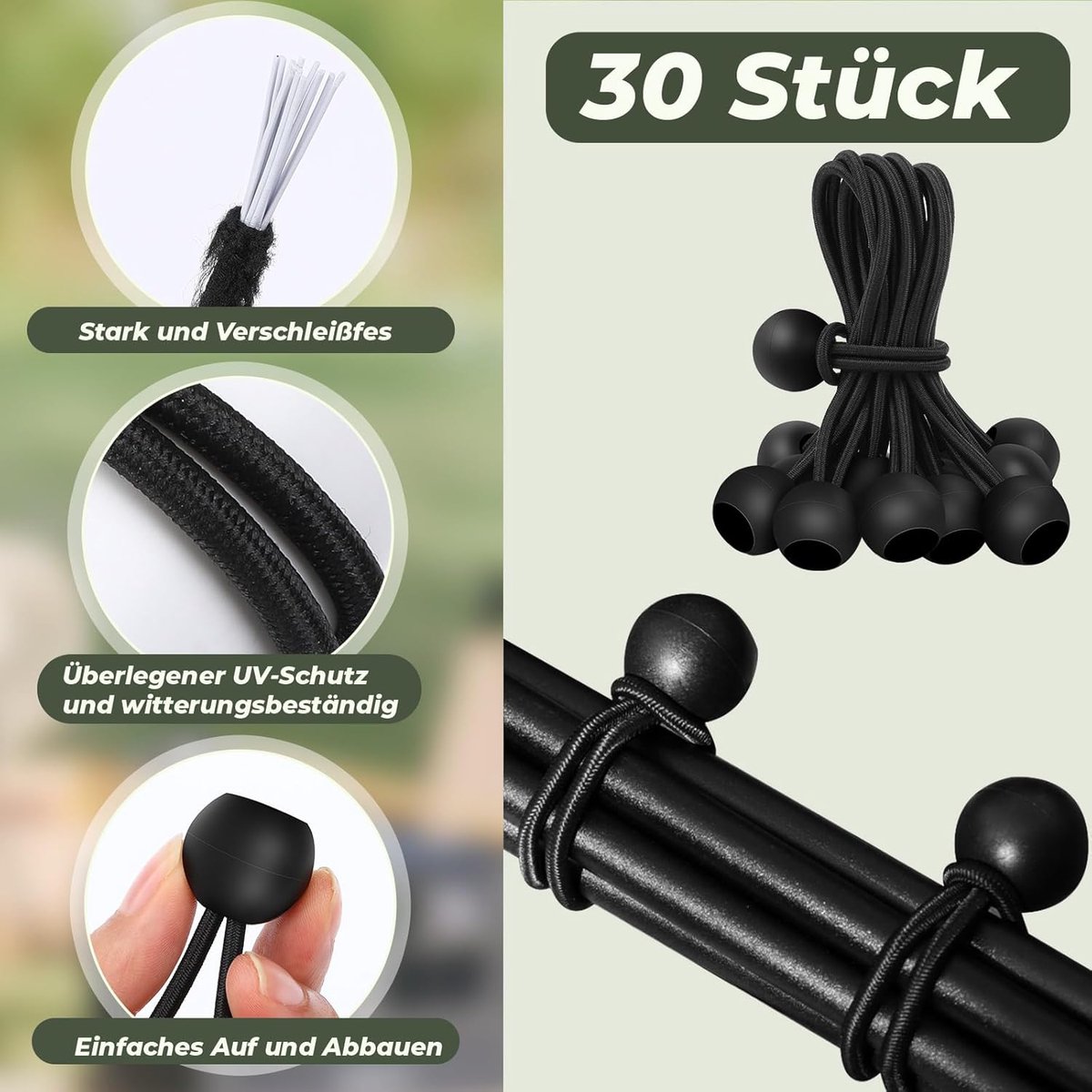 30 elastic cords, 10 cm long - with ball joints - black - sturdy rubber tensioners - for securing tarpaulins, camping tents, luggage cables, and awnings — image 4