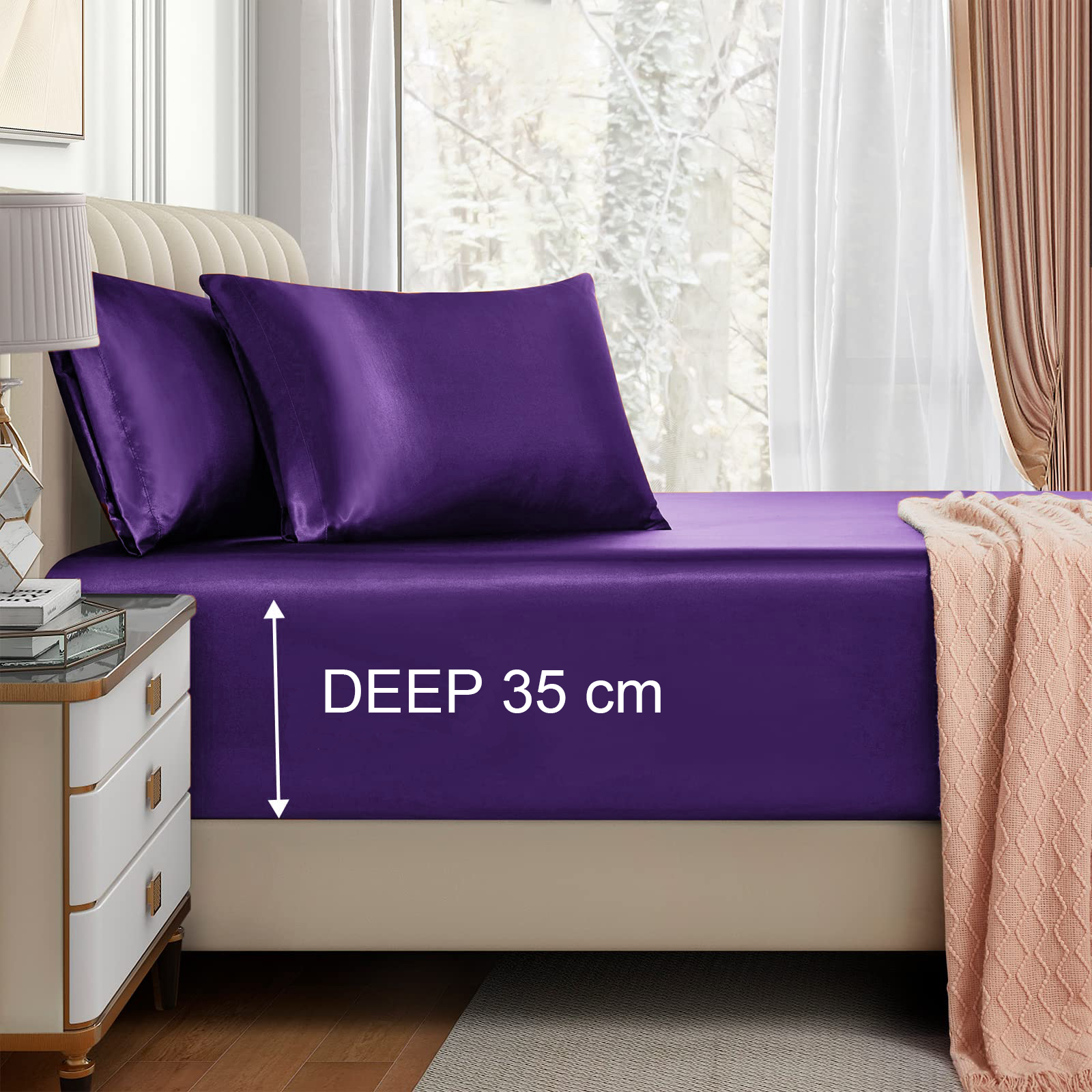 Satin Fitted Sheet Set Hotel 3 Pieces Fitted Sheet with Pillowcase, Art Silk Bedding Set-Luxury Soft Silky Sheets for Hair and Skin, Similar to Silk Fitted