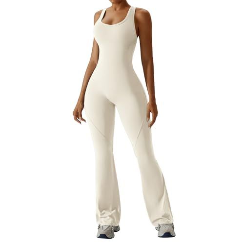 Women's Cut-out Back Flared Jumpsuit, Gym, Workout and Loungewear, S (beige) — image 4