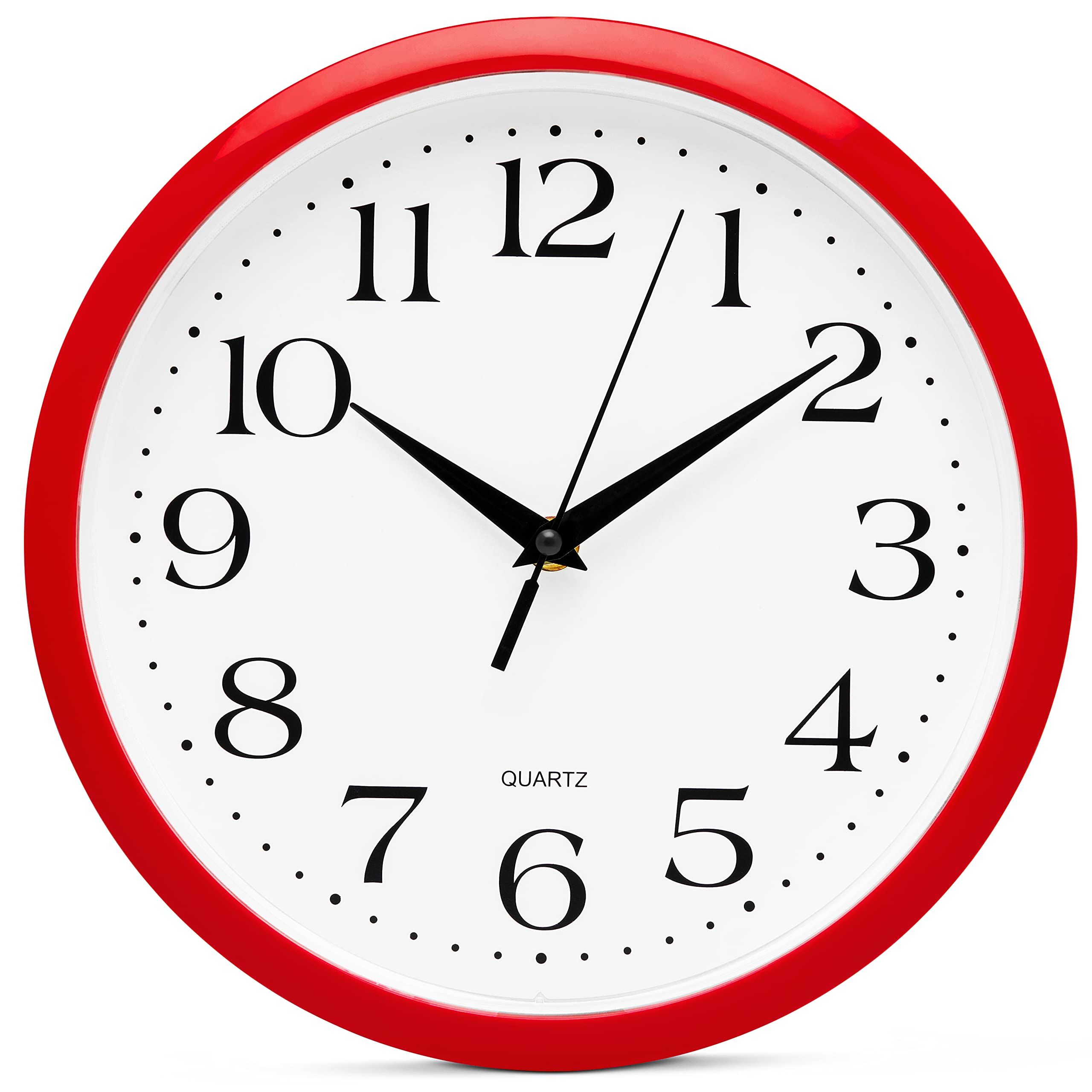 Quality Quartz Battery Operated Round Easy to Read Home/Kitchen/Office/Classroom/School Clocks, Vintage Retro Red Frame