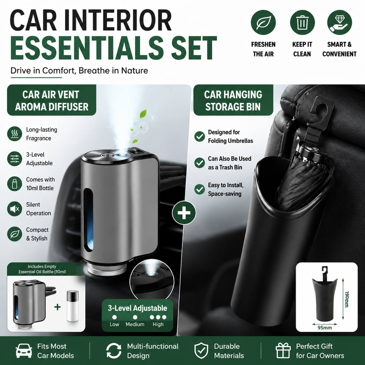 2 pcs Car interior essentials set-Silvery Car Air Vent Aroma Diffuser & Black Hanging Storage Bin- hanging storage container that is convenient to use and