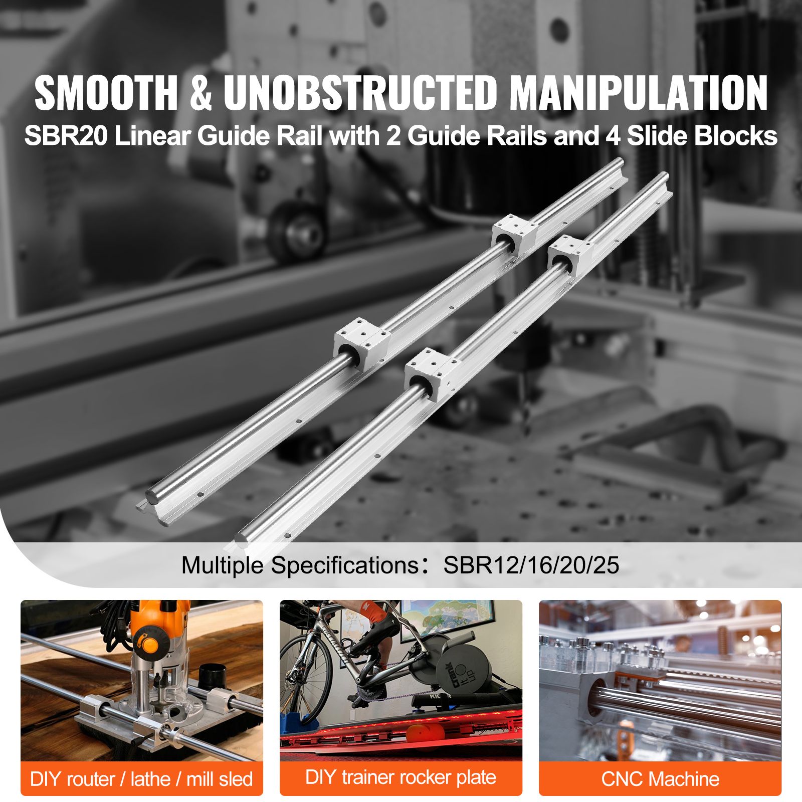 Linear Guide Rail Set, SBR20 1800mm, 2 PCS 70.9 in/1800 mm SBR20 Guide Rails and 4 PCS SBR20UU Slide Blocks, Linear Rails and Bearings Kit for Automated — image 2