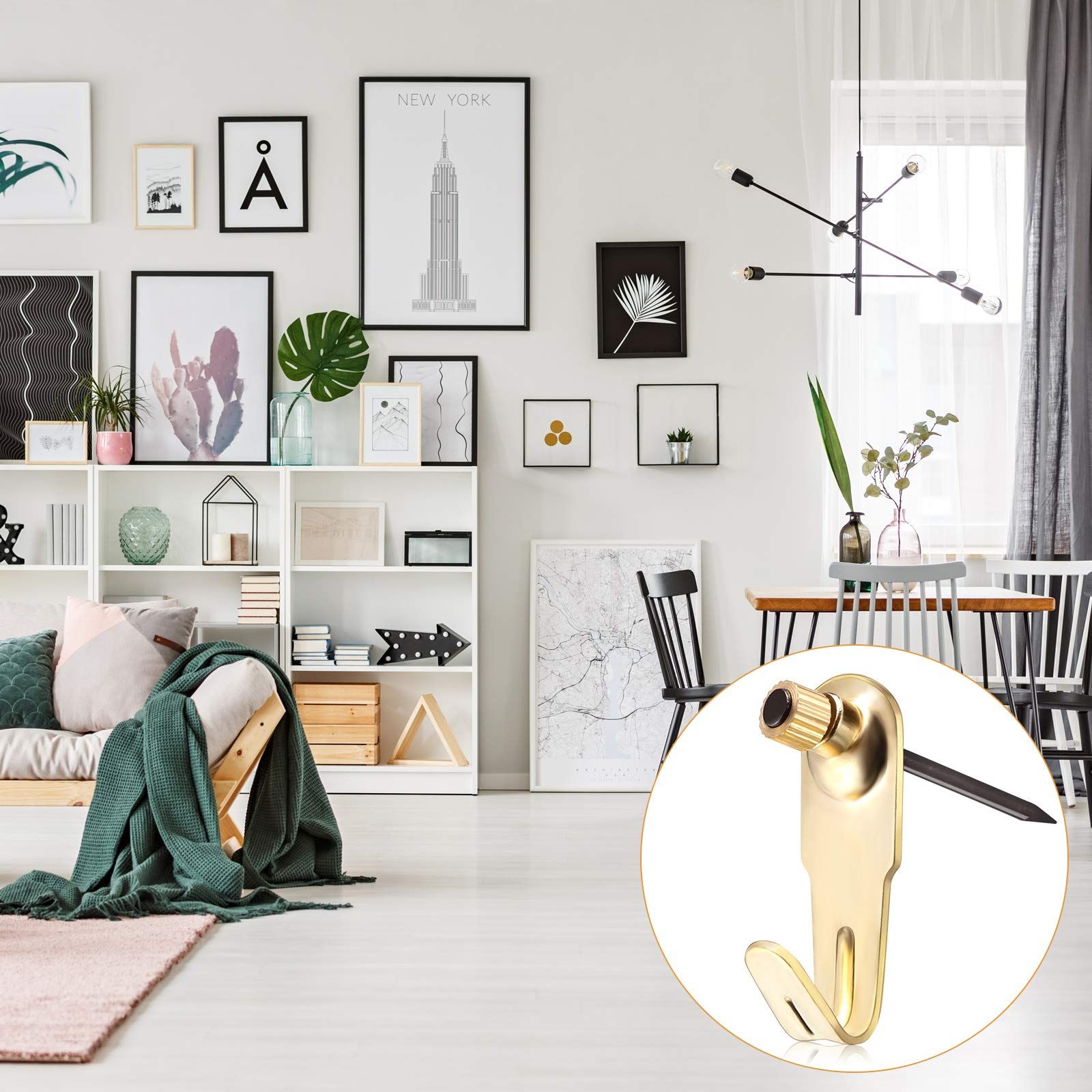 Plaster Picture Hangers Hooks Picture Gold Hanging Picture Kit with Nails for Wooden Wall Drywall Mounting (50 Pieces, 20 lbs) โ image 4